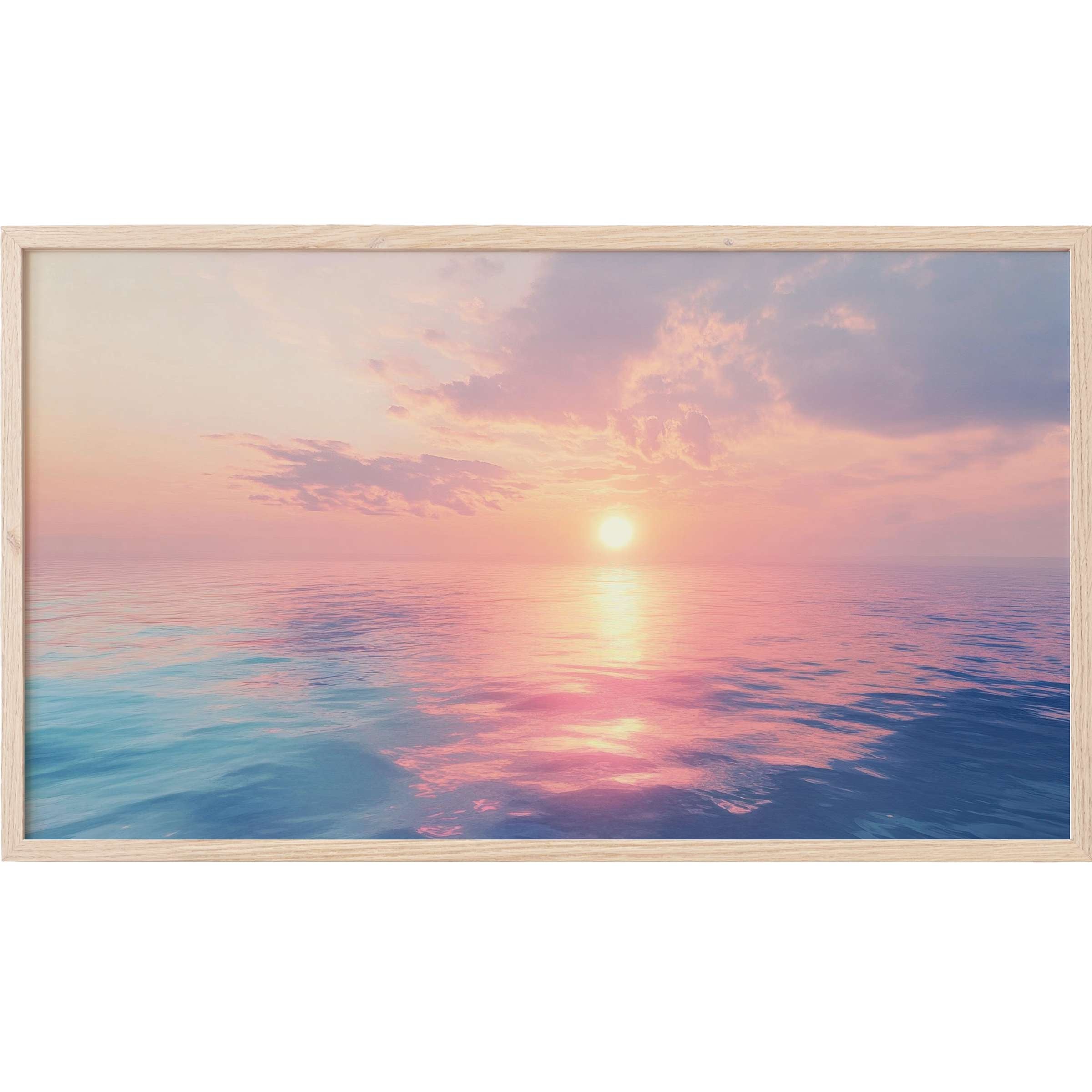 Serene sunset over calm ocean with soft pastels and deep blues, elegant landscape Frame TV Art in a natural wood frame