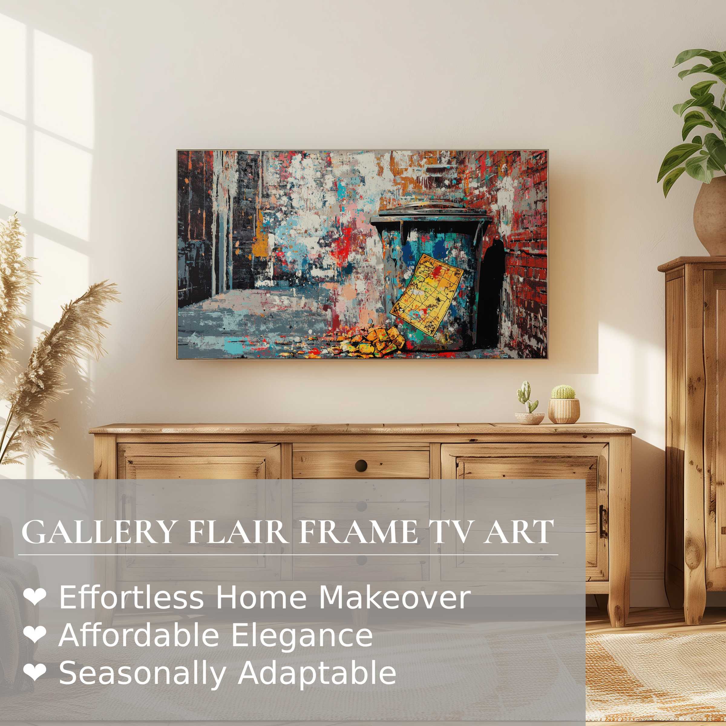 Samsung Frame TV showcases vibrant street art digital artwork in a modern, sunlit living space with natural wood tones