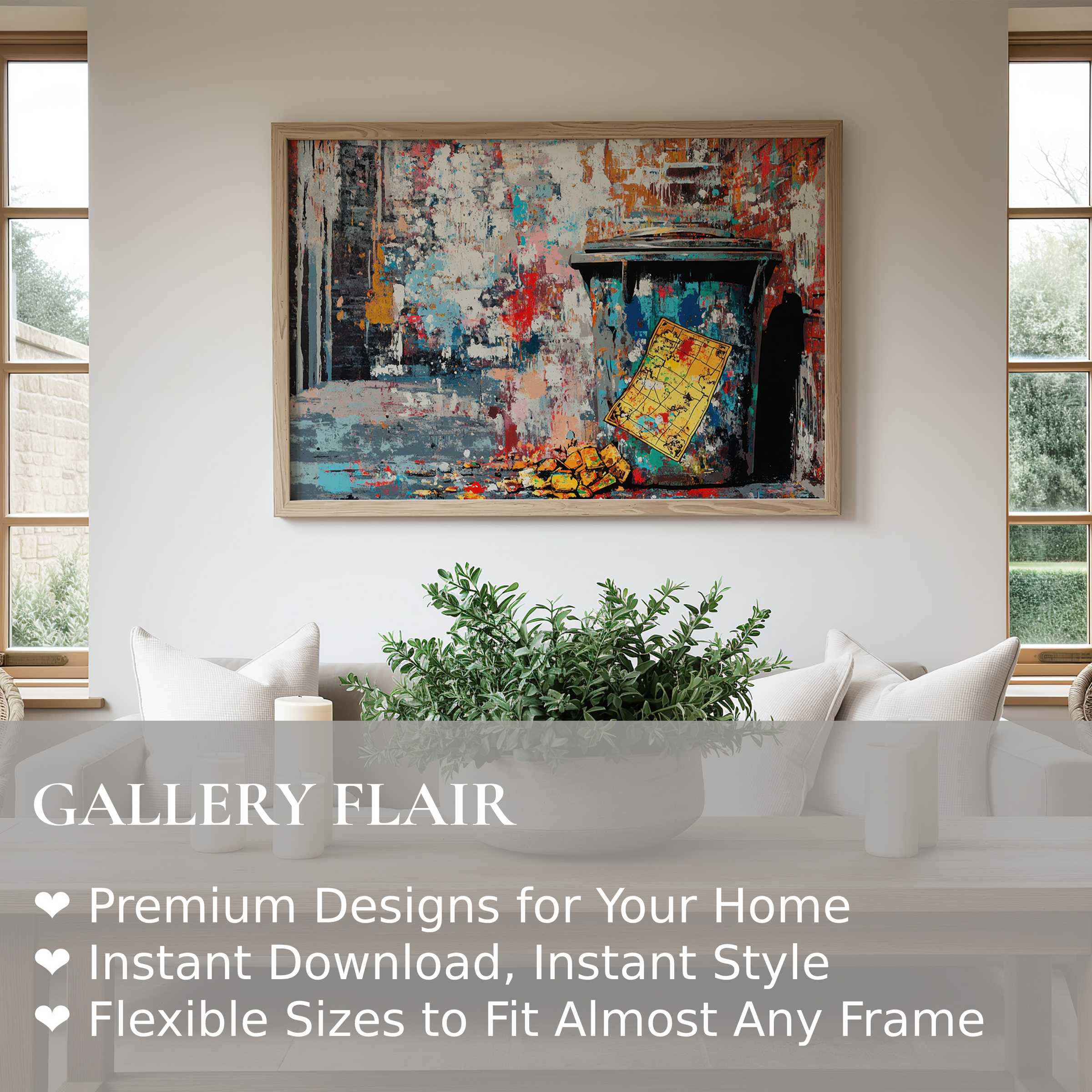 Bold street art wall art print featuring vibrant urban decay tones; elevates modern minimalist interiors with dynamic, edgy character