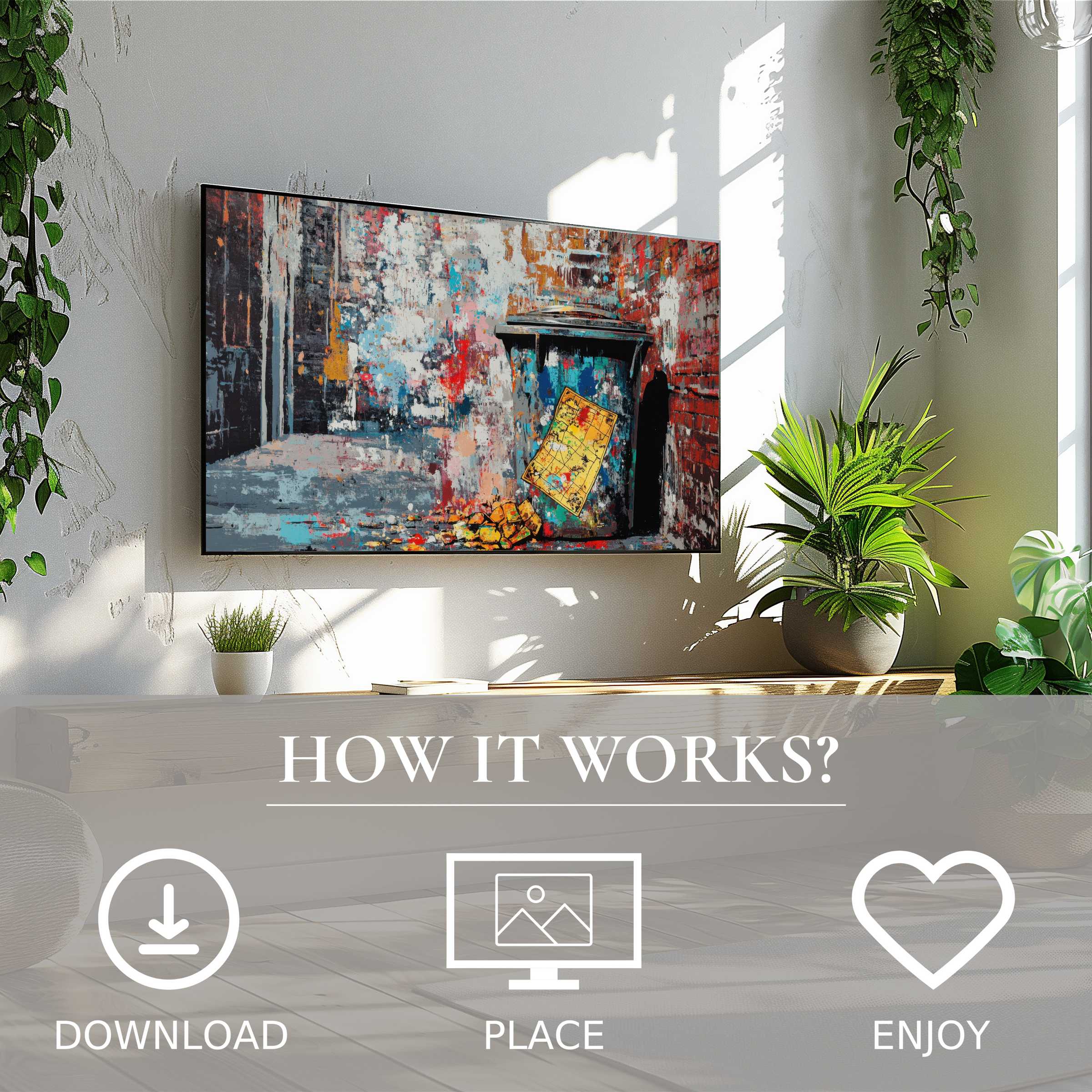 Street art for Samsung TV in bright urban colors, easy digital download enhances stylish, greenery-filled living rooms