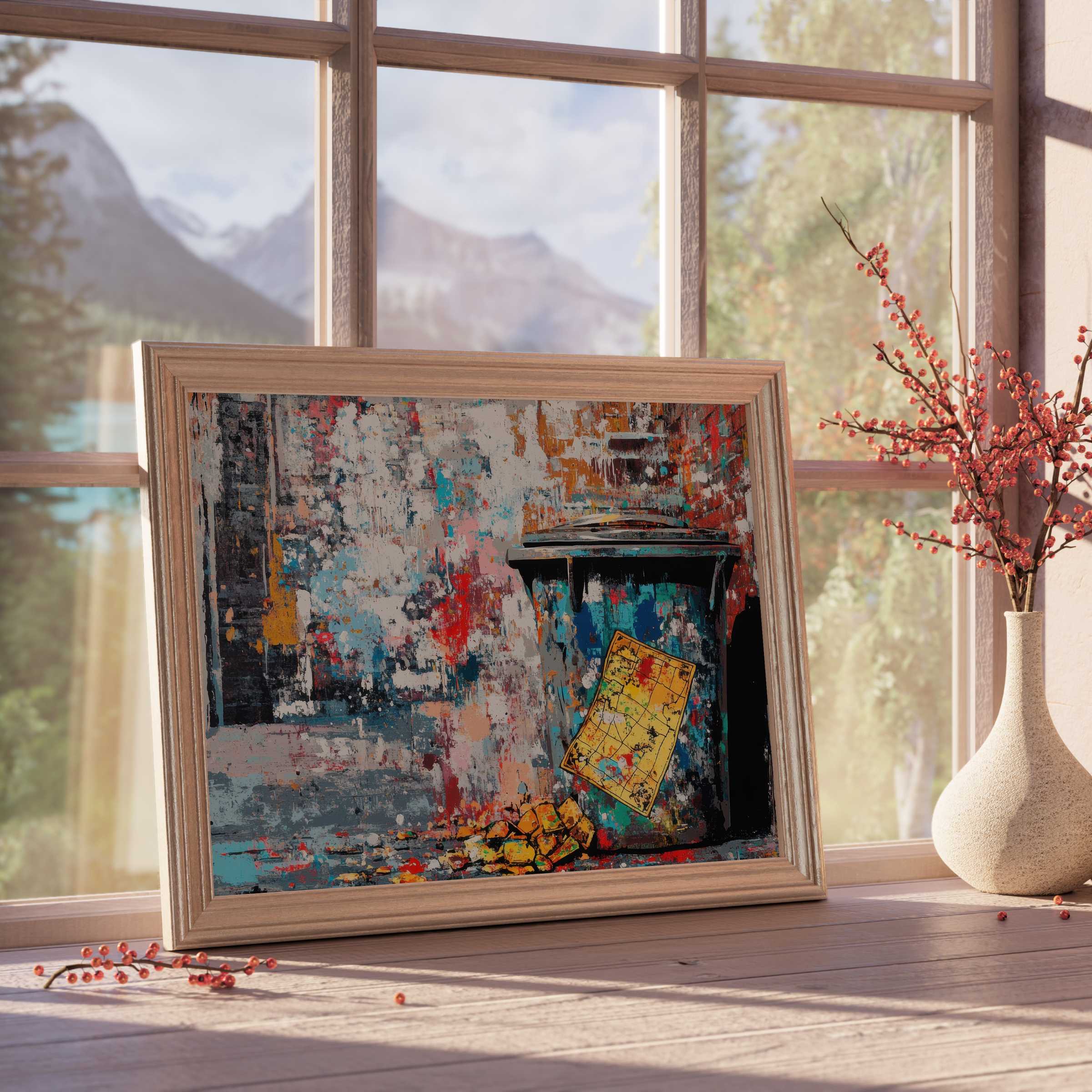 Vibrant street art downloadable art in a natural wood frame, infusing curated interiors with urban charm and textured color harmony