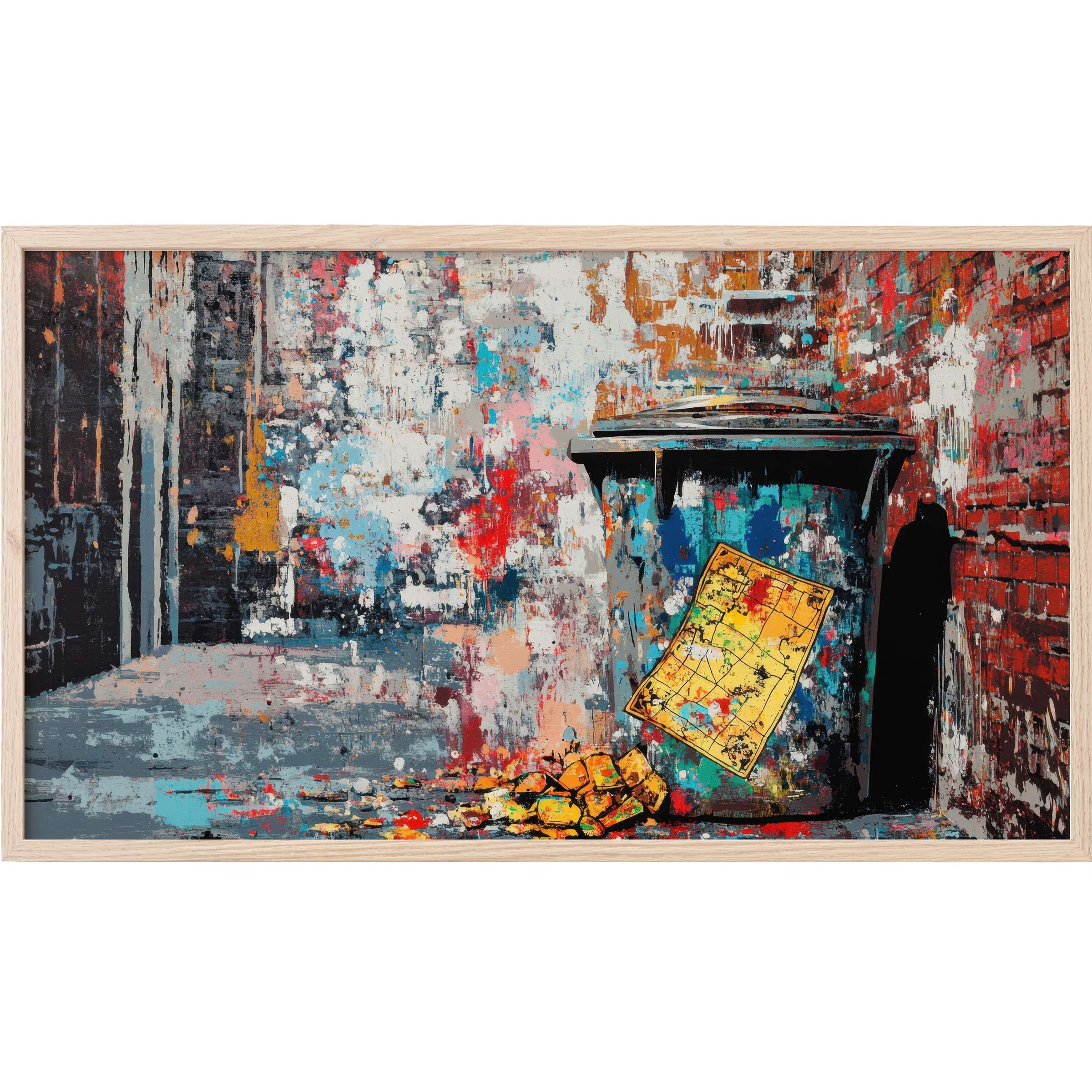 Abstract urban scene with vibrant blues, reds, and yellows, featuring a graffiti-style trash can - street art Frame TV Art
