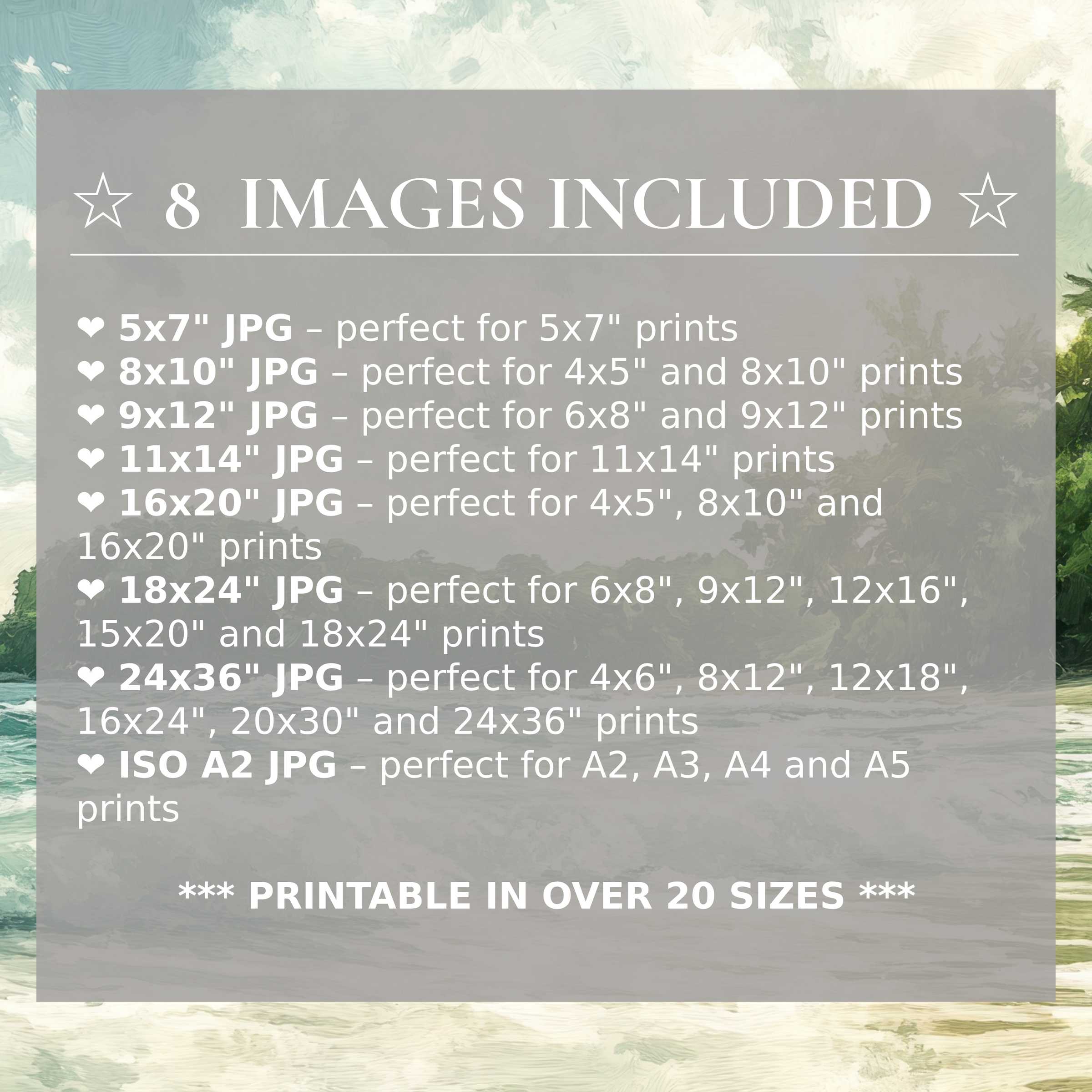 Radiant summer digital print in soothing blues and greens, elevating modern interiors with refined style; includes 8 high-quality sizes