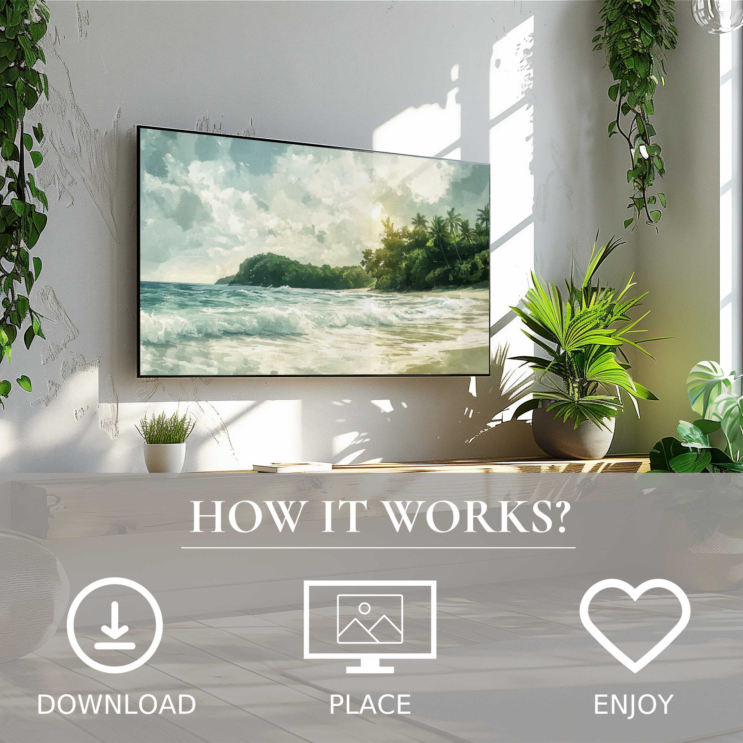 Summer art for Samsung TV shows soft ocean waves and greenery, easy digital download enriches bright, modern living spaces