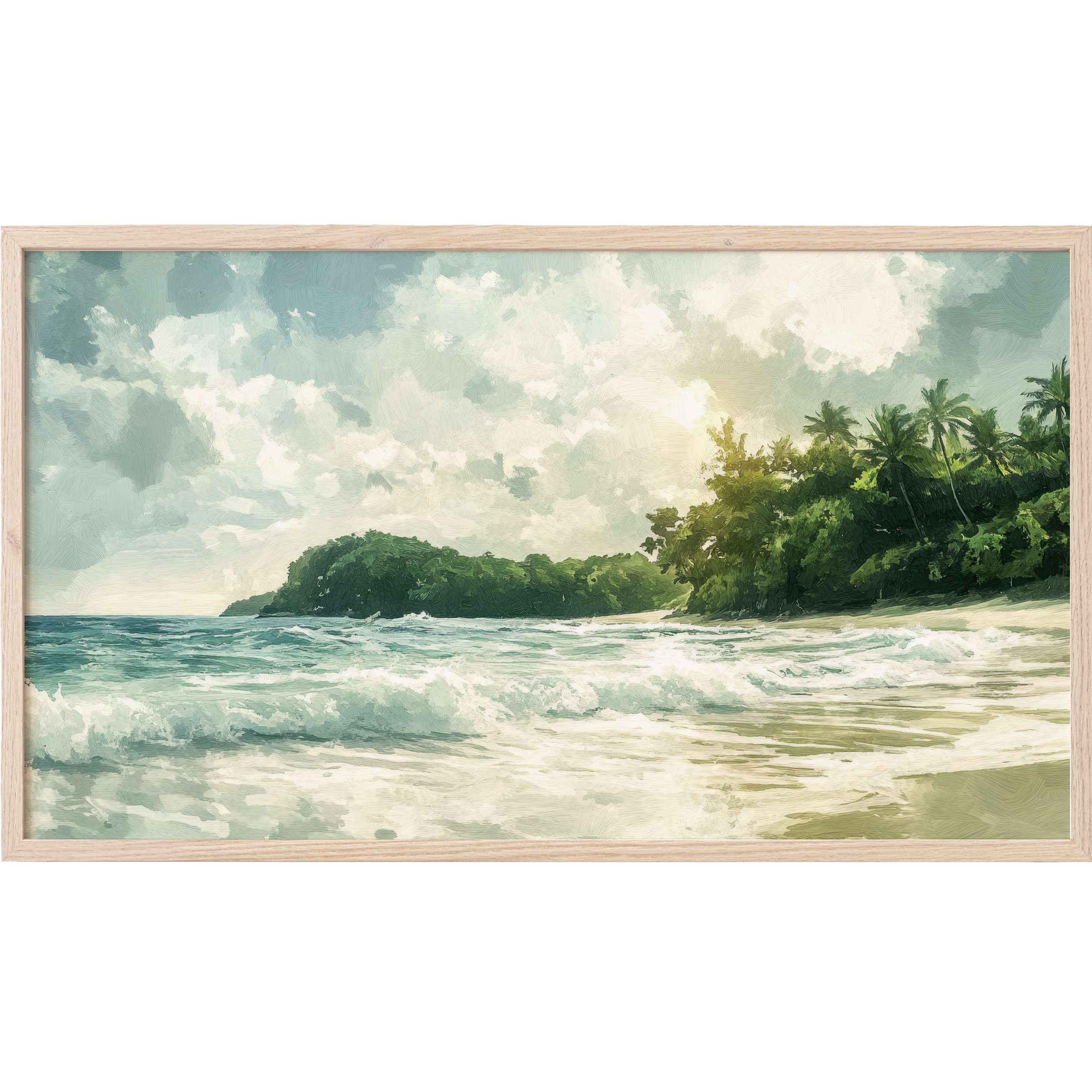 Elegant coastal scene with soft waves, lush greenery, and muted blues, perfect summer Frame TV Art for chic spaces