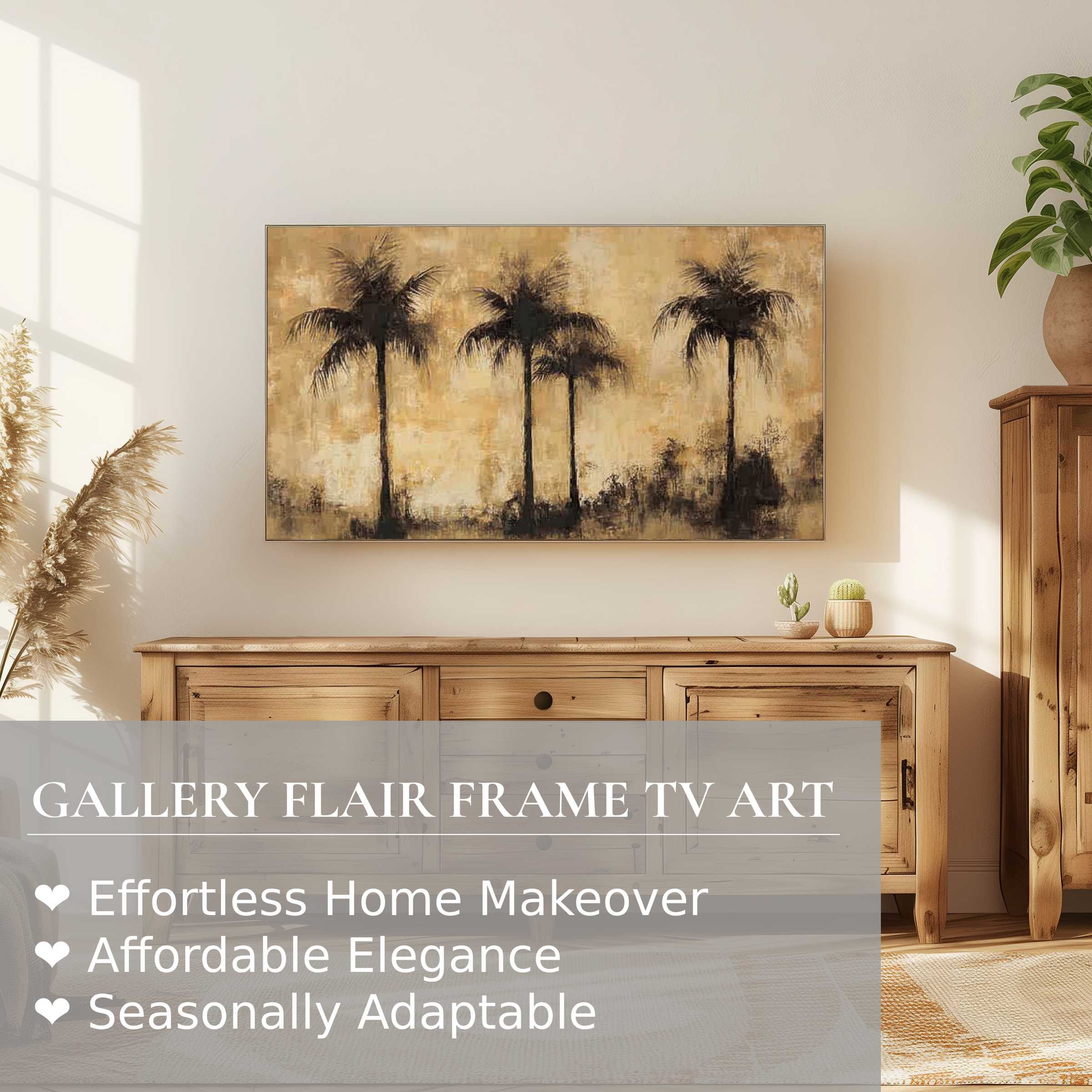 Samsung Frame TV displays warm, textured coastal digital artwork with palm trees in a modern, elegant living space