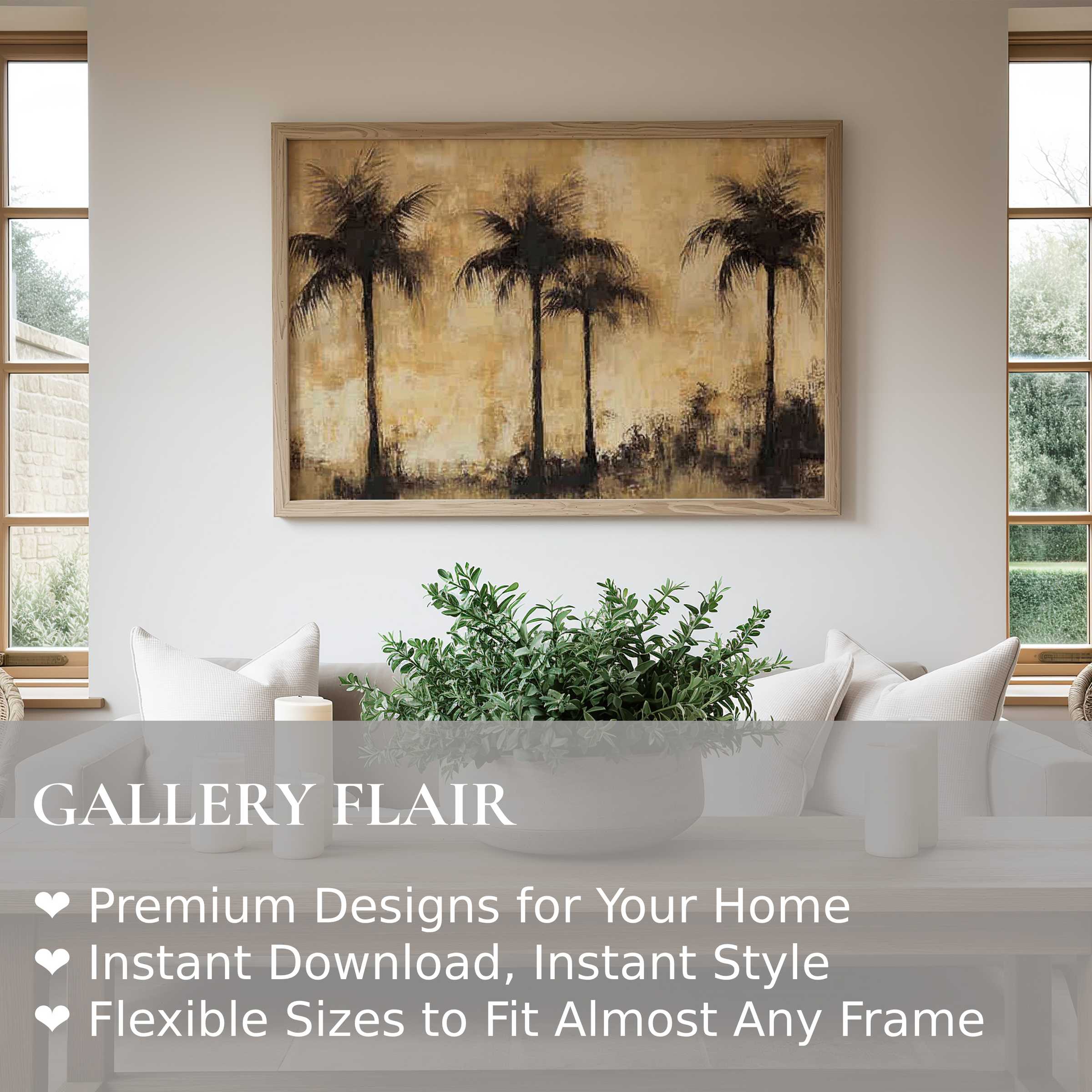 Coastal wall art print featuring soft, muted palm silhouettes in a warm, earthy palette enhancing serene modern interiors