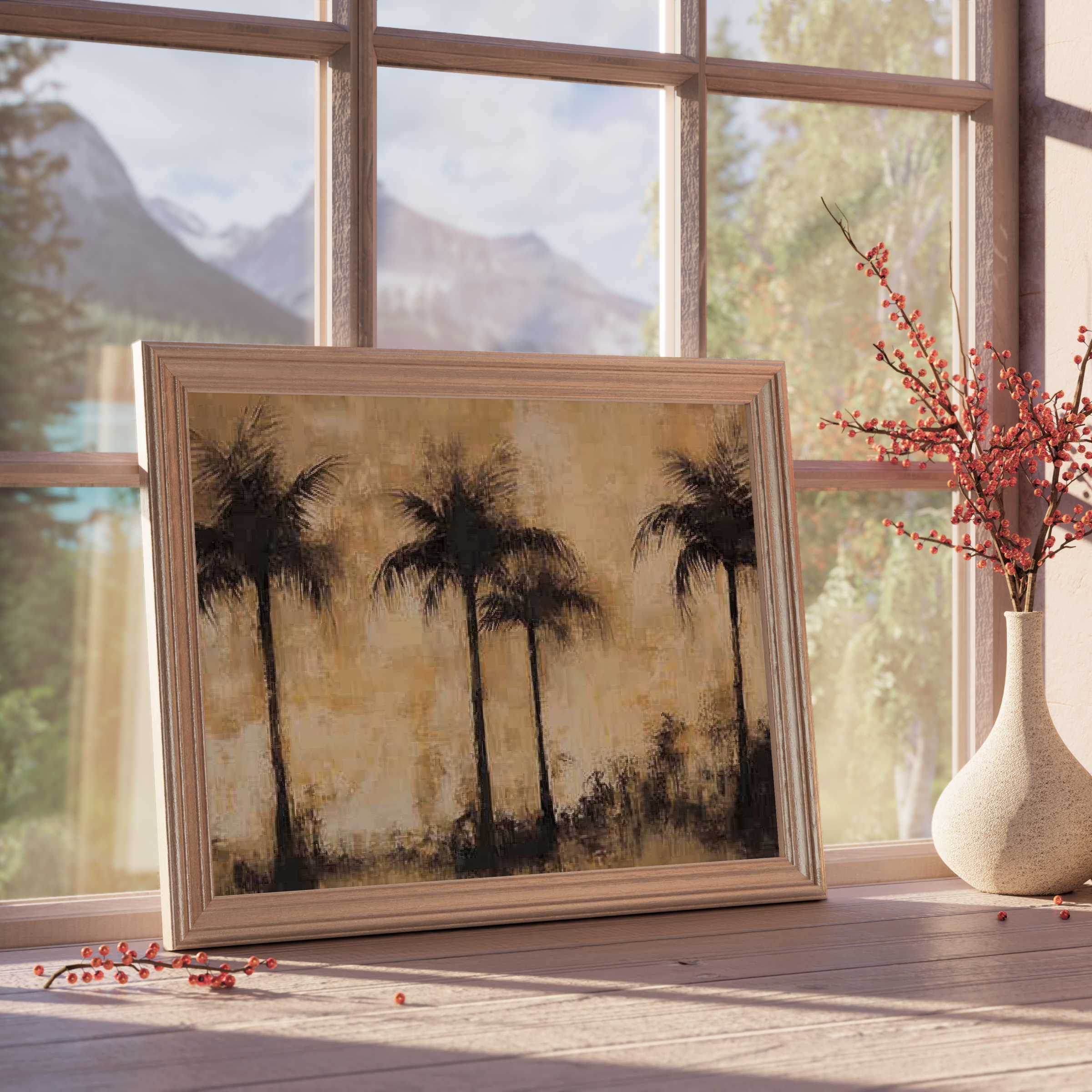 Coastal downloadable art featuring serene palm silhouettes in warm amber tones, perfect for curated, tranquil interiors