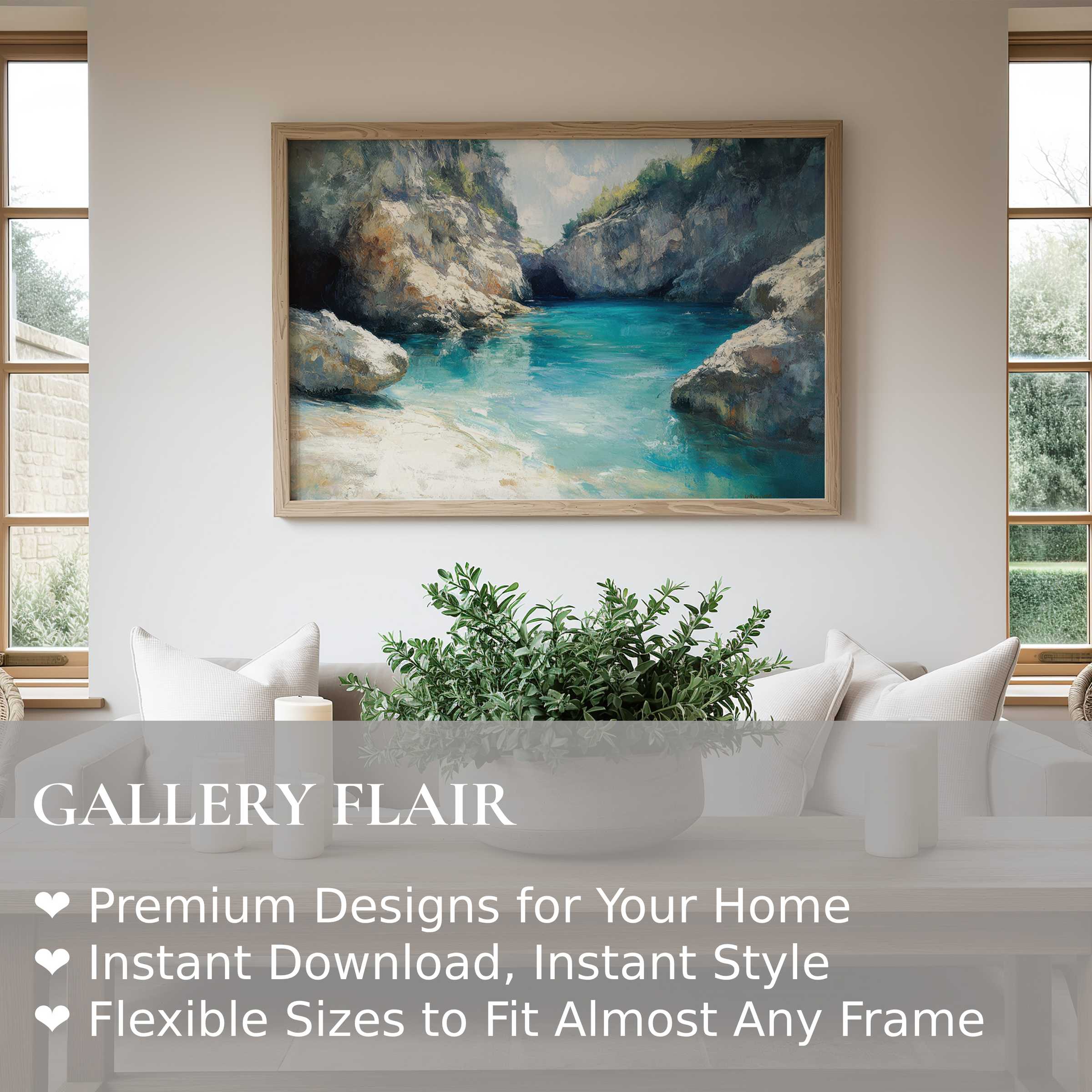 Tranquil beach wall art print capturing azure waters and rocky cliffs, enhancing modern coastal interiors with serene, radiant elegance