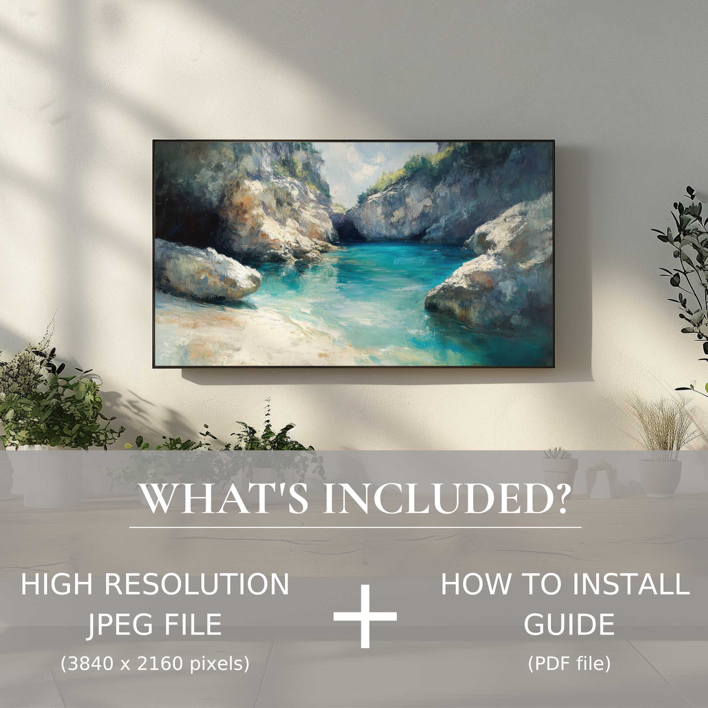 Elegant beach digital TV art download showcasing serene coastal beauty, easy digital use, enhancing your modern living space