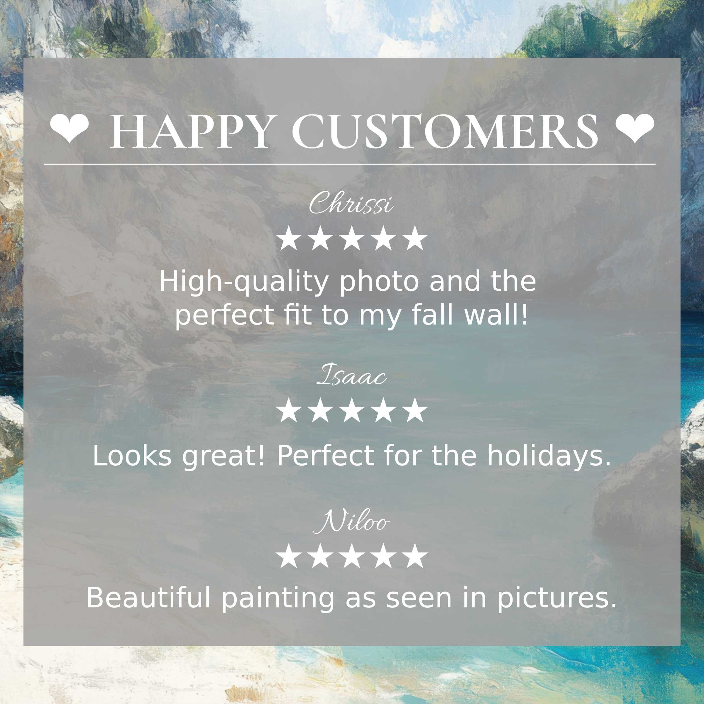 Beach art for Frame TV with abstract sunset hues, showcasing happy customer reviews and refined, elegant trust