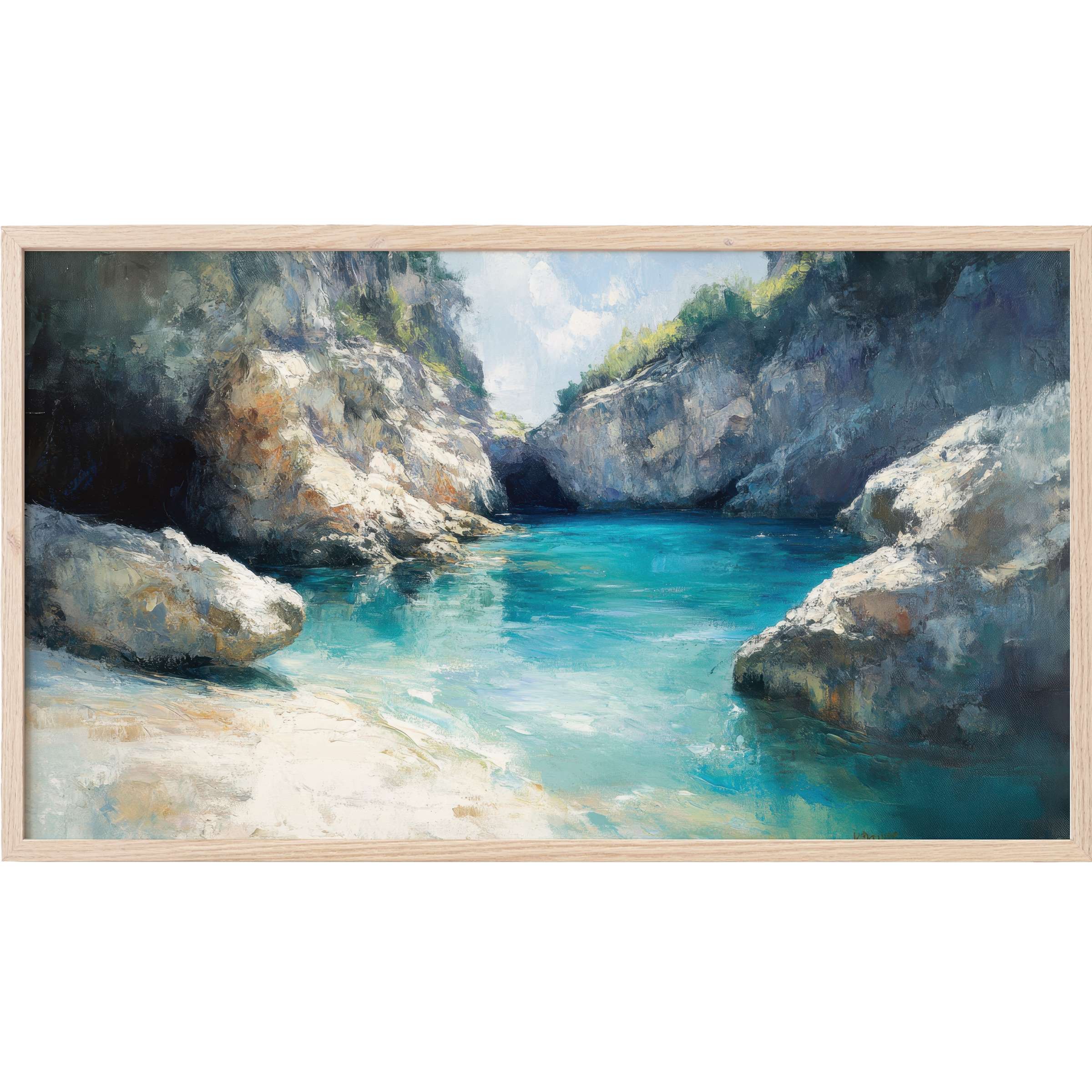 Serene coastal cove in rich blues and soft earth tones, framed with natural wood, beach Frame TV Art