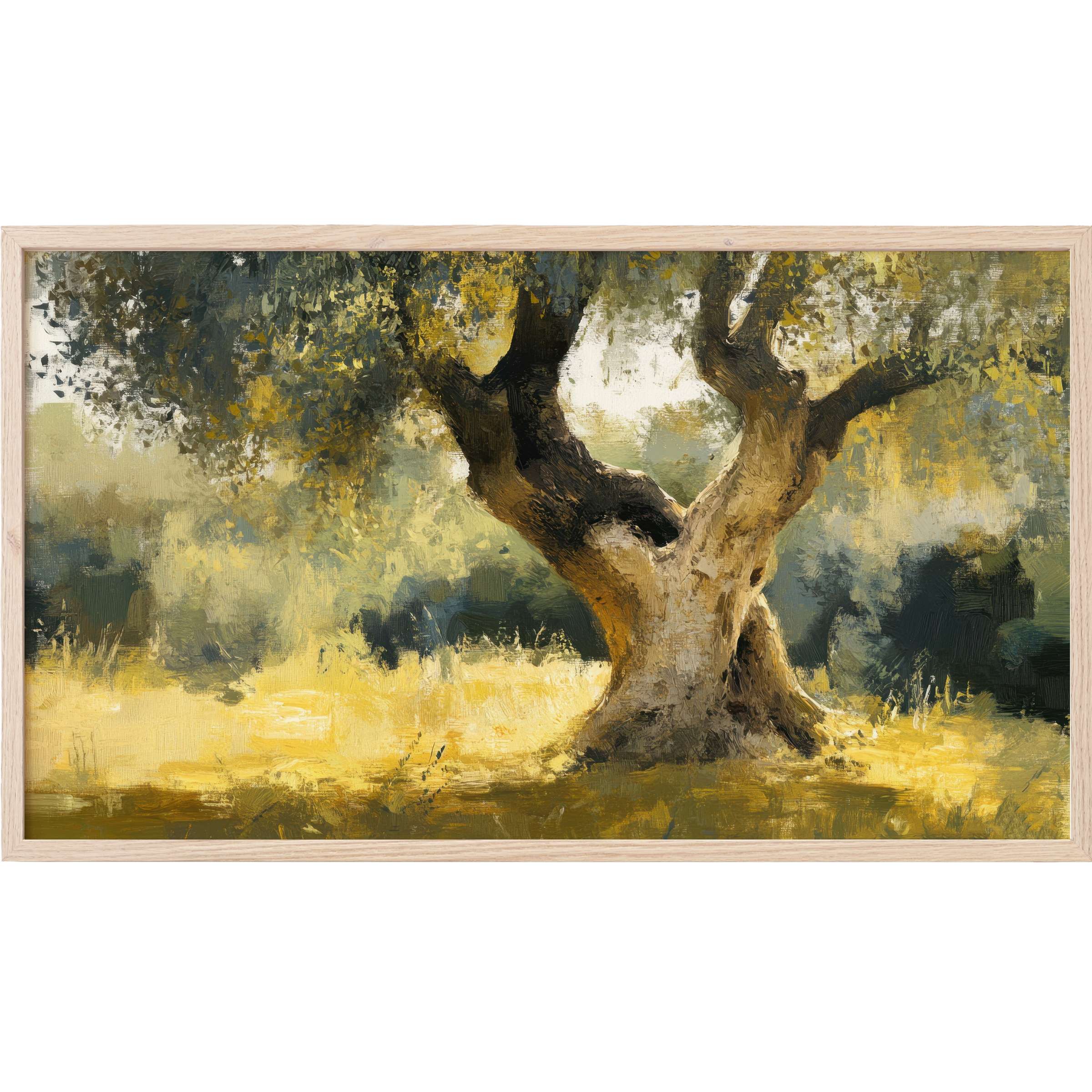 Sunlit olive tree in earthy greens and golds, textured brushstrokes for serene, timeless tree Frame TV Art