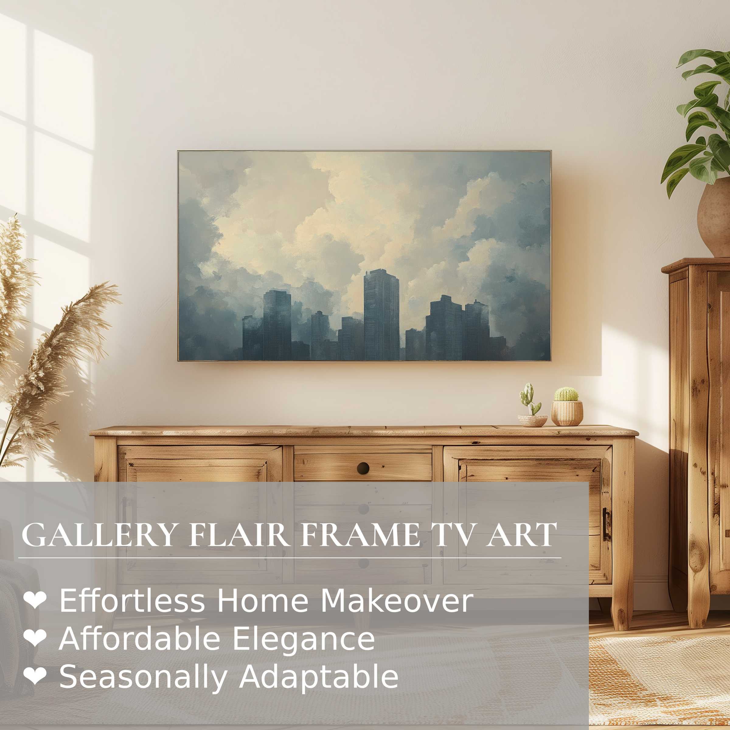 Samsung Frame TV showcasing urban digital artwork of moody cityscape in airy, elegant living space