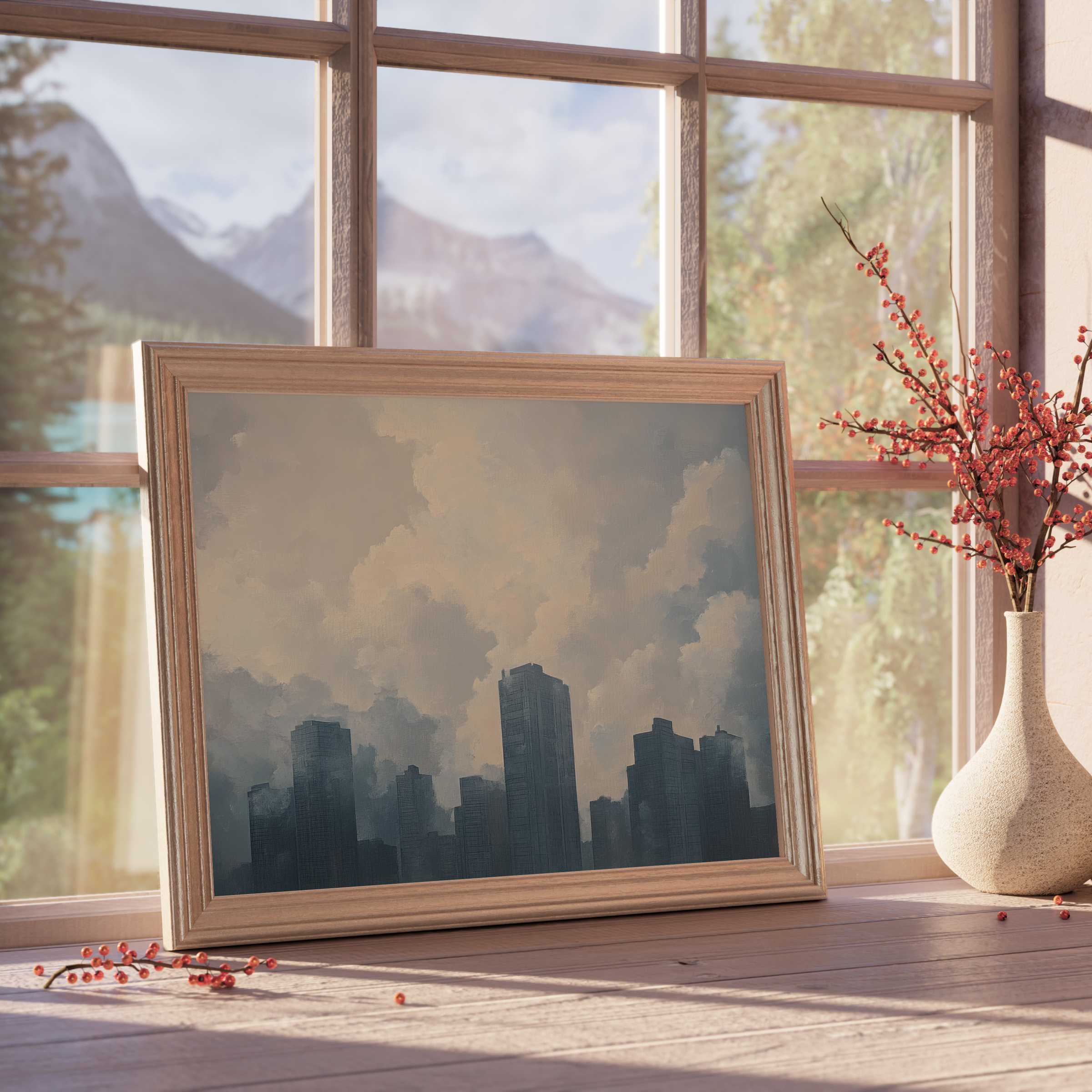 Urban downloadable art capturing moody cityscapes under tranquil skies, enhancing curated, sophisticated interiors with timeless elegance