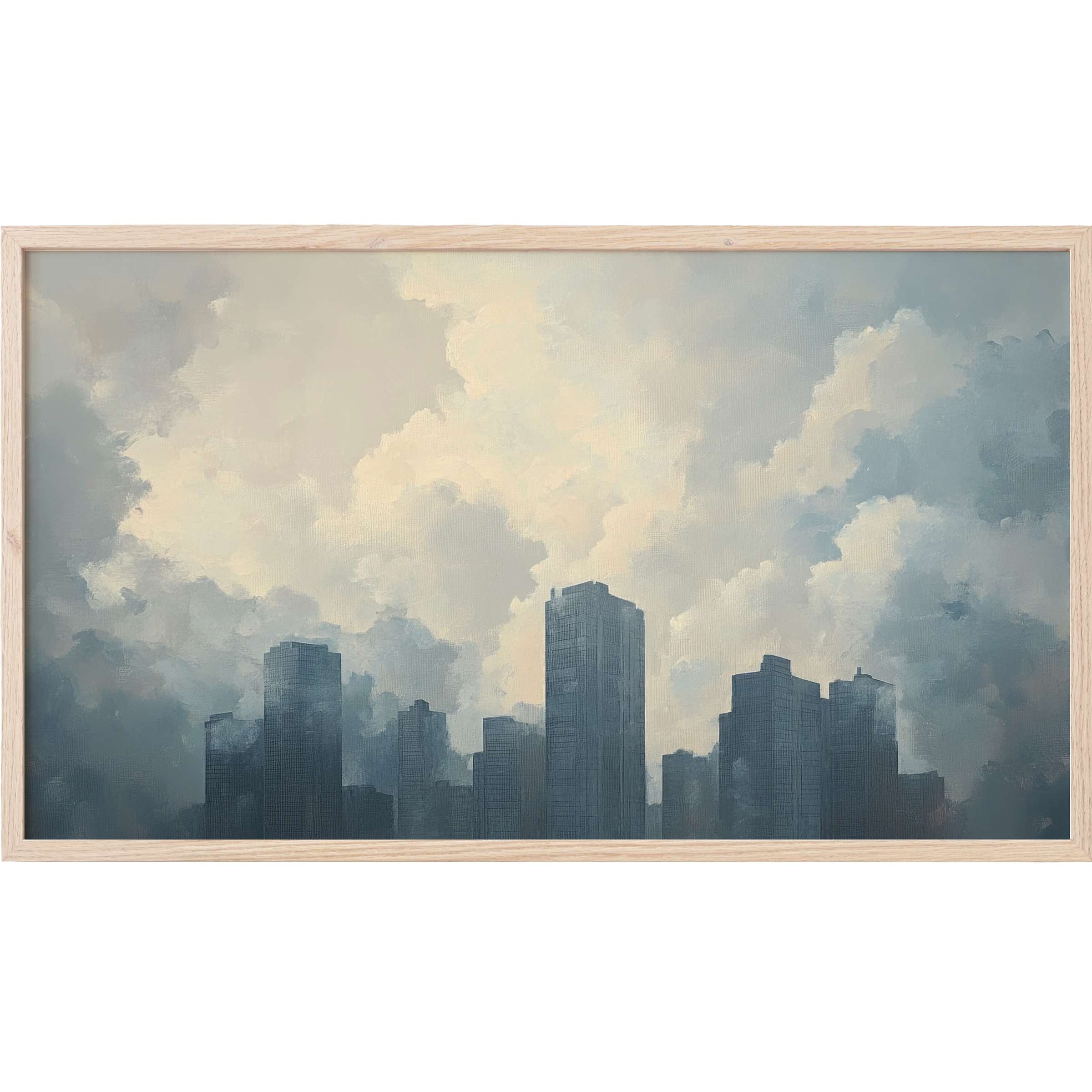 Urban Frame TV Art depicting a serene city skyline with soft gray and blue tones in a modern misty style