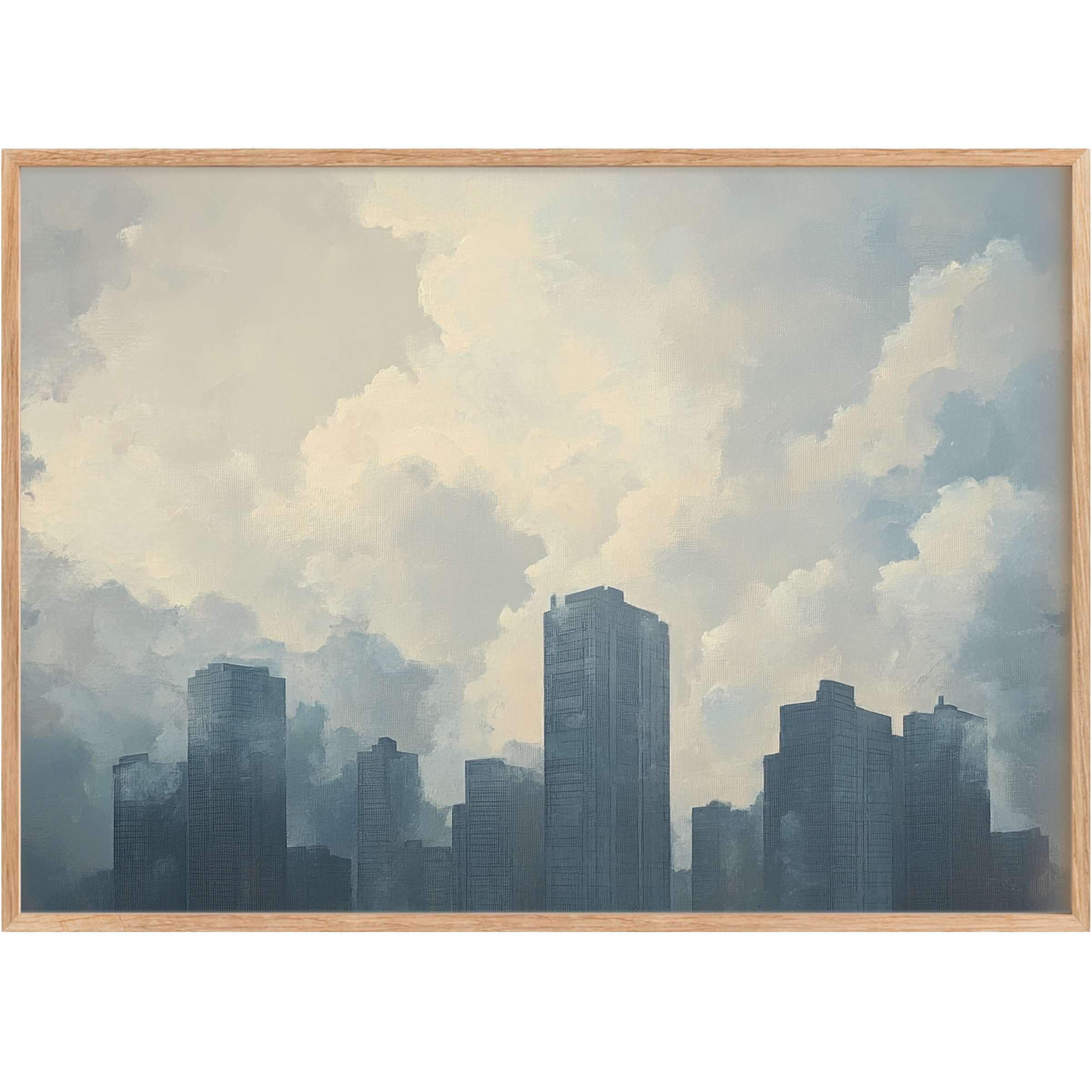 Moody urban printable wall art in misty blues and grays, evoking serene calm and refined city elegance for stylish interiors
