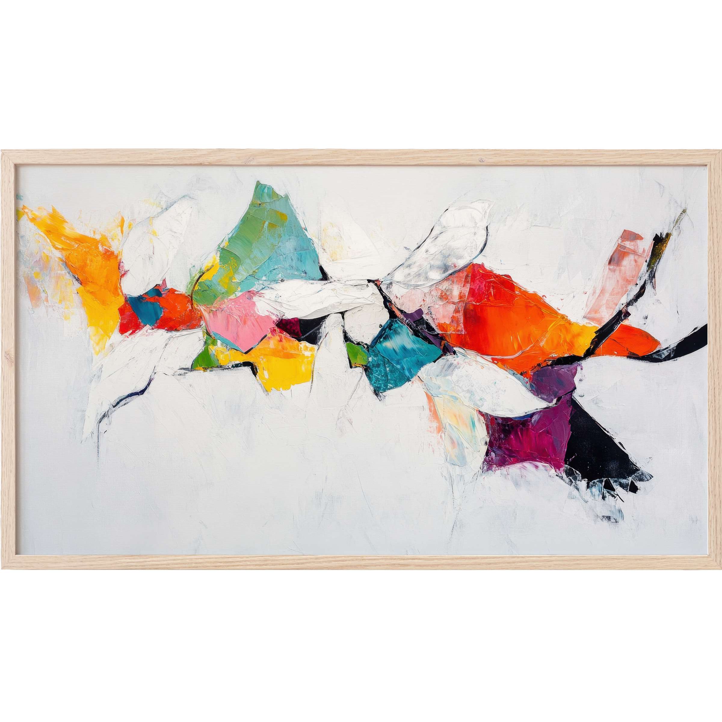 Vibrant abstract Frame TV Art with bold splashes of orange, teal, pink, and purple on a subtle white textured background