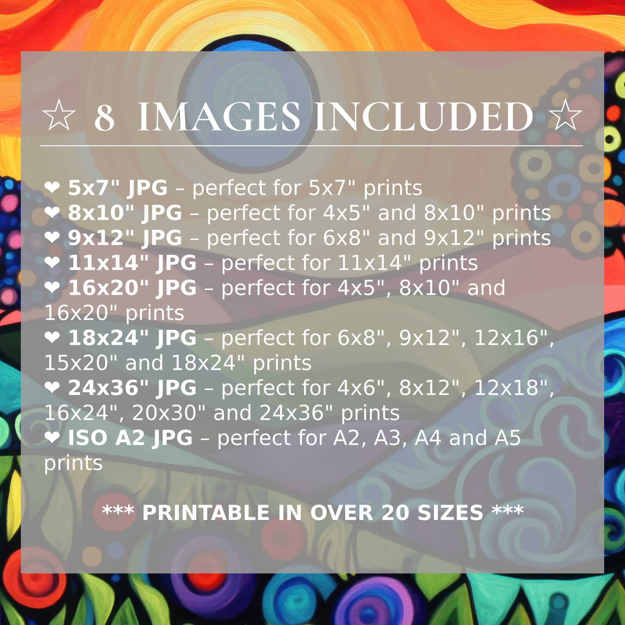 Radiant pop art digital print in bold blues, oranges, and purples, offered in 8 high-quality sizes for versatile modern interiors