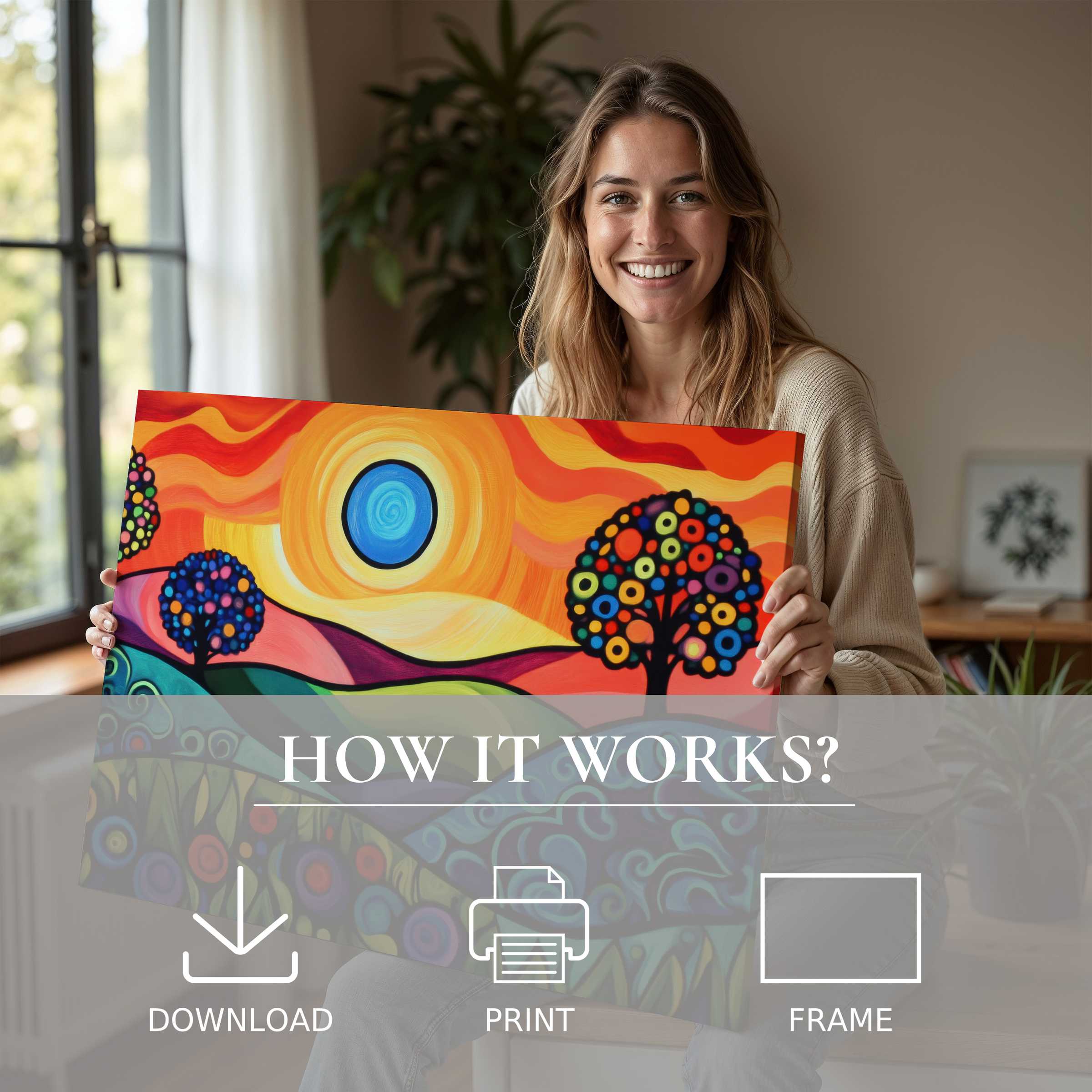 A serene moment of connection as vibrant pop art digital art print brings warmth and joy to a modern, stylish home