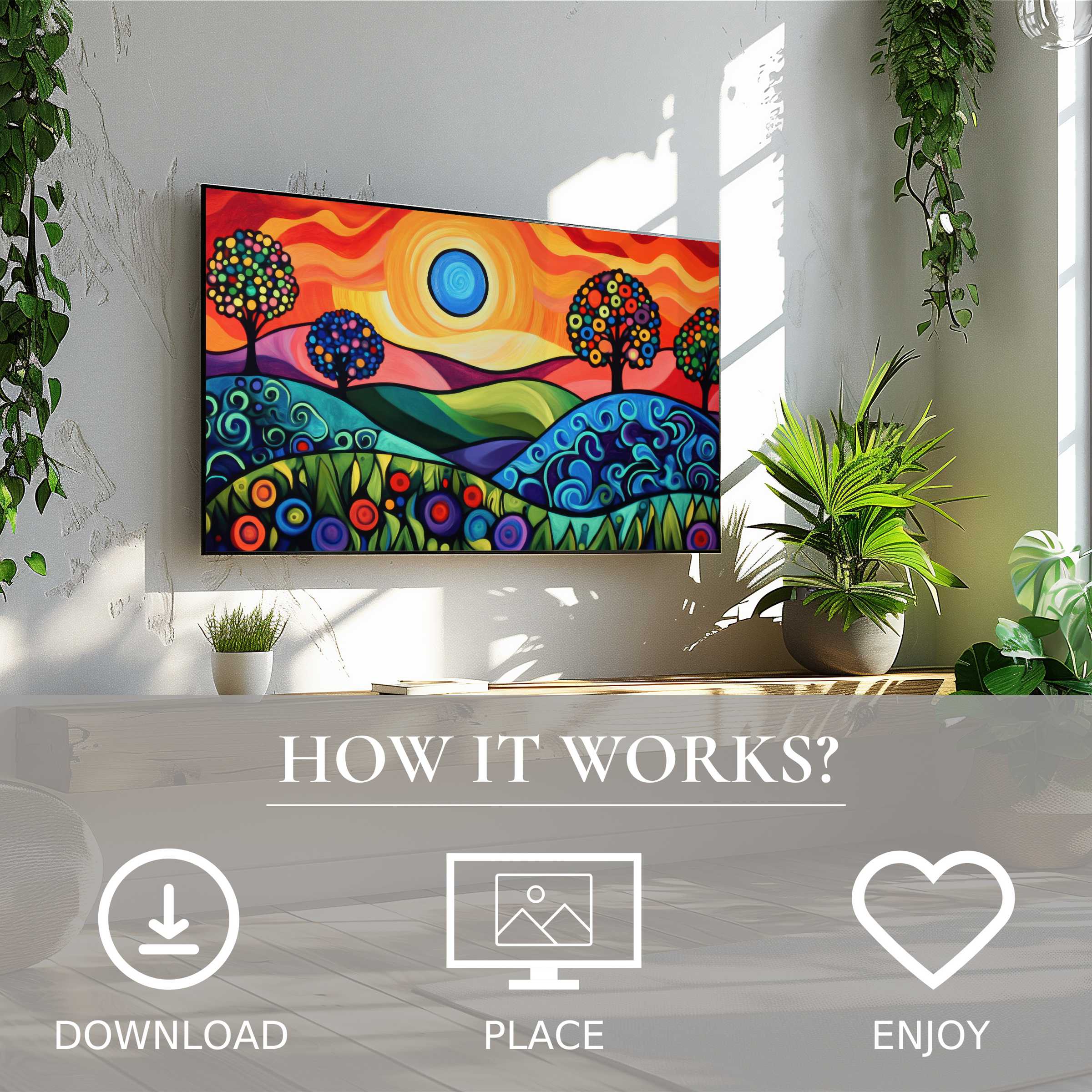 Pop art art for Samsung TV showing vibrant color flow motif; easy digital download enriches stylish living spaces