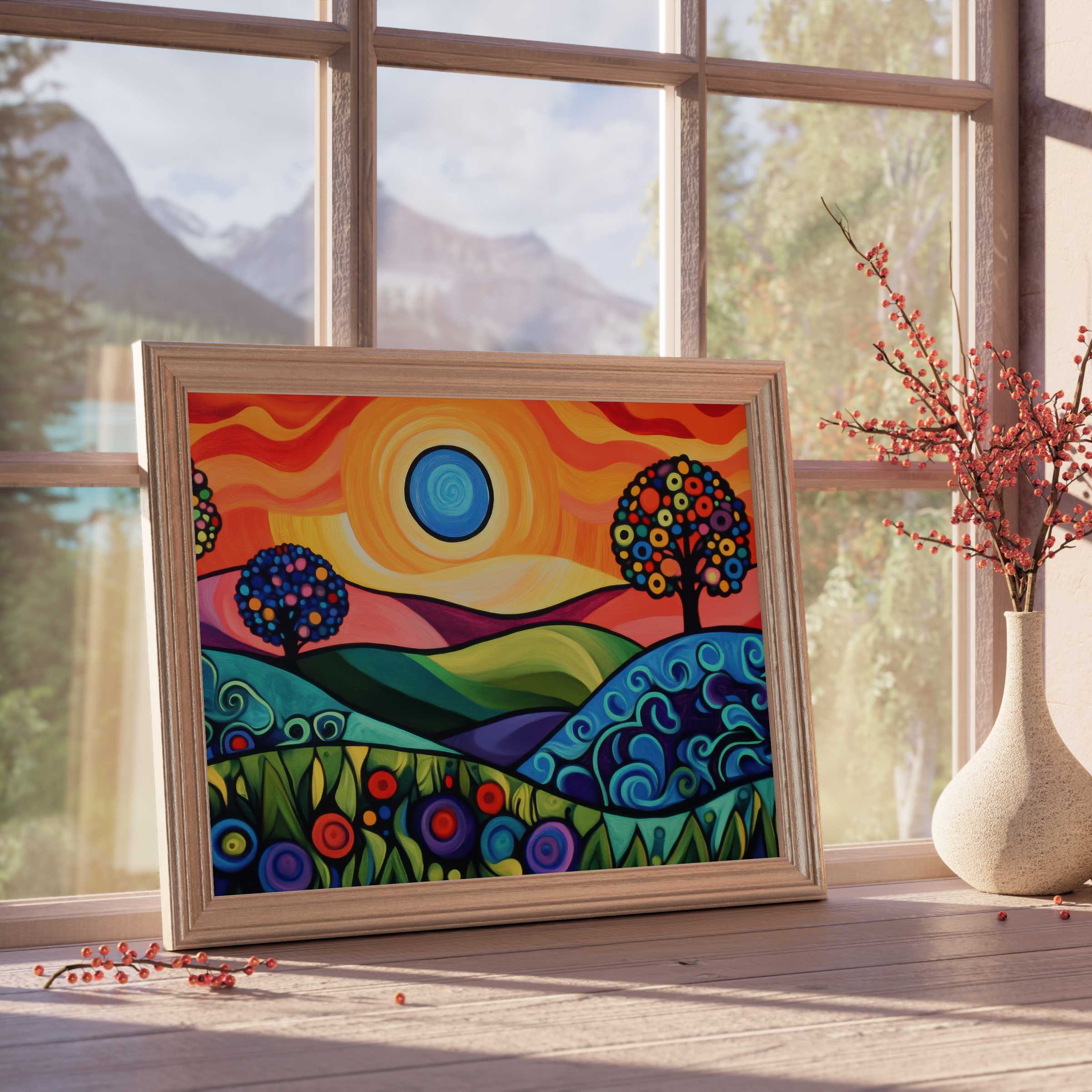 Vibrant pop art downloadable art with swirling hills and colorful trees, infusing curated interiors with joyful warmth and dynamic style