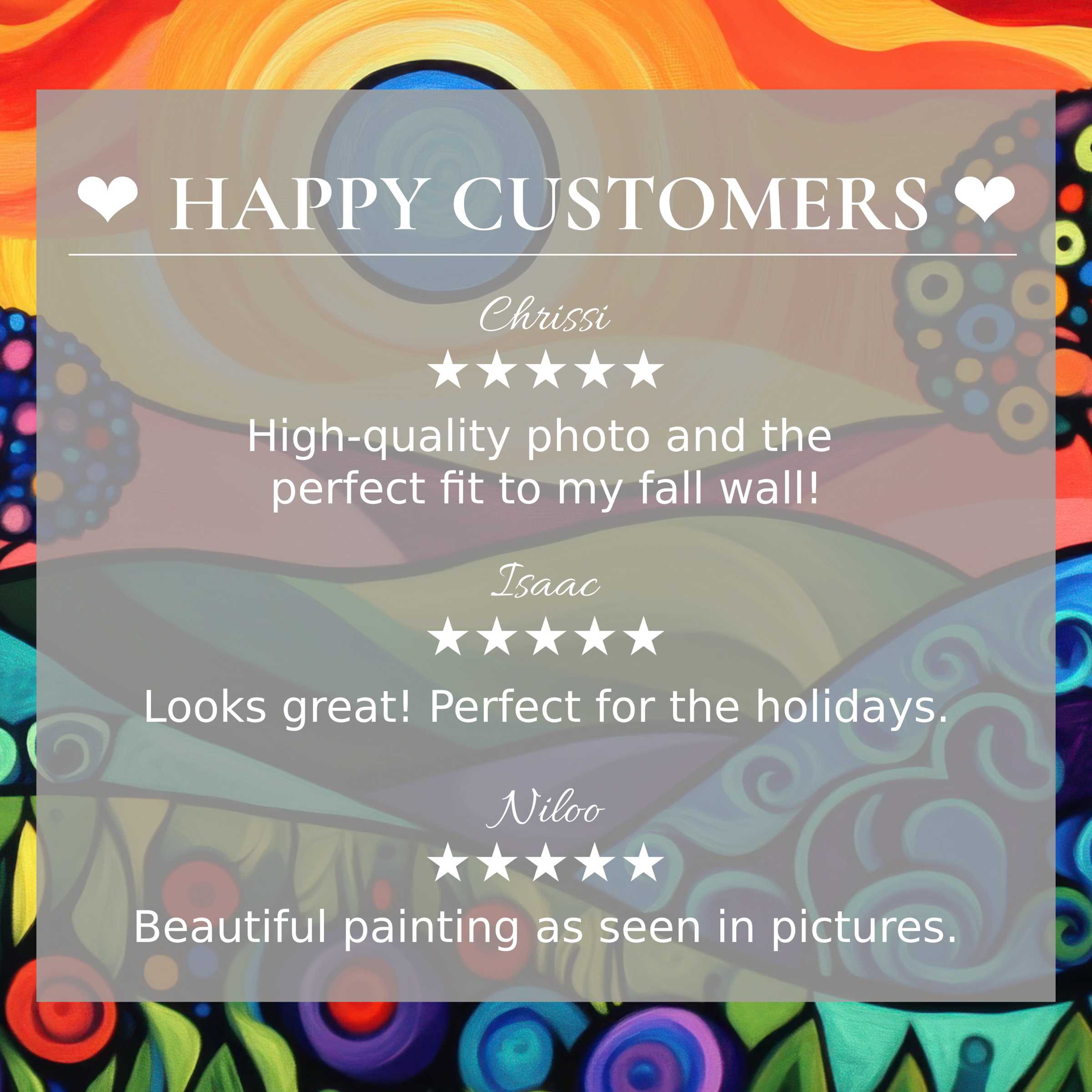 Pop art for Frame TV with abstract sunset hues and happy customer reviews, highlighting trust and refined style