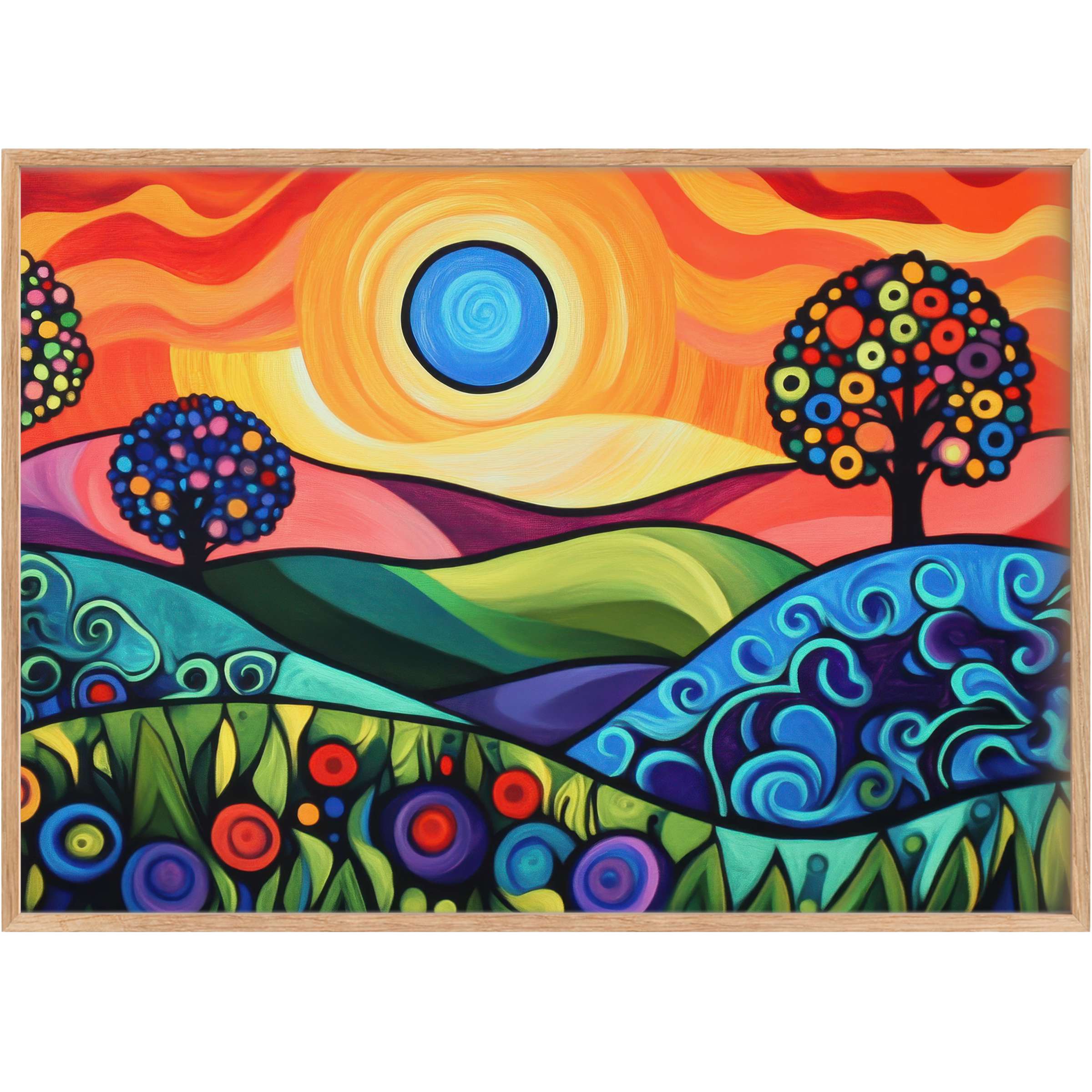 Vibrant pop art printable wall art featuring swirling blue sun and multicolor trees against warm orange and lush green hills, evoking joyful serenity