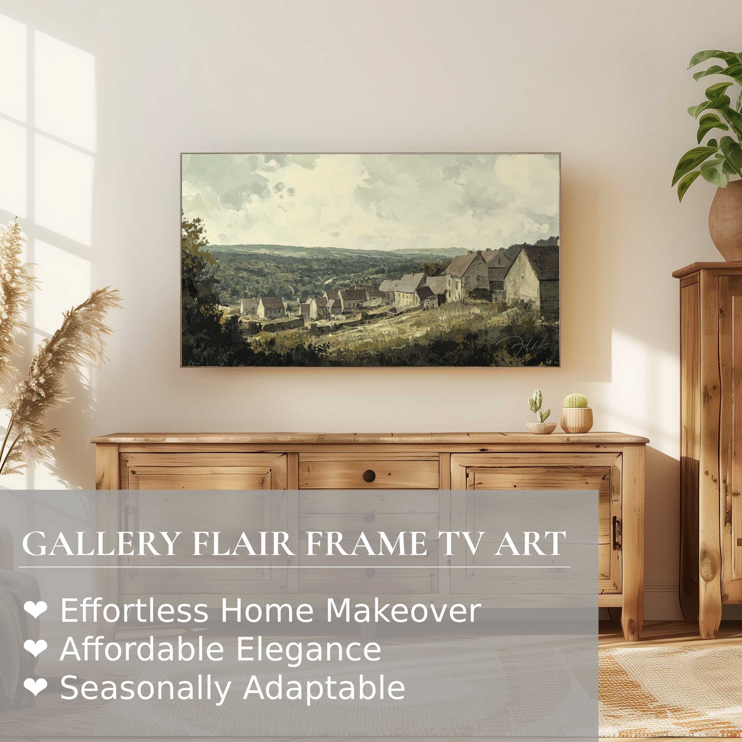 Samsung Frame TV displaying vintage digital artwork of a serene countryside, enhancing elegant modern decor