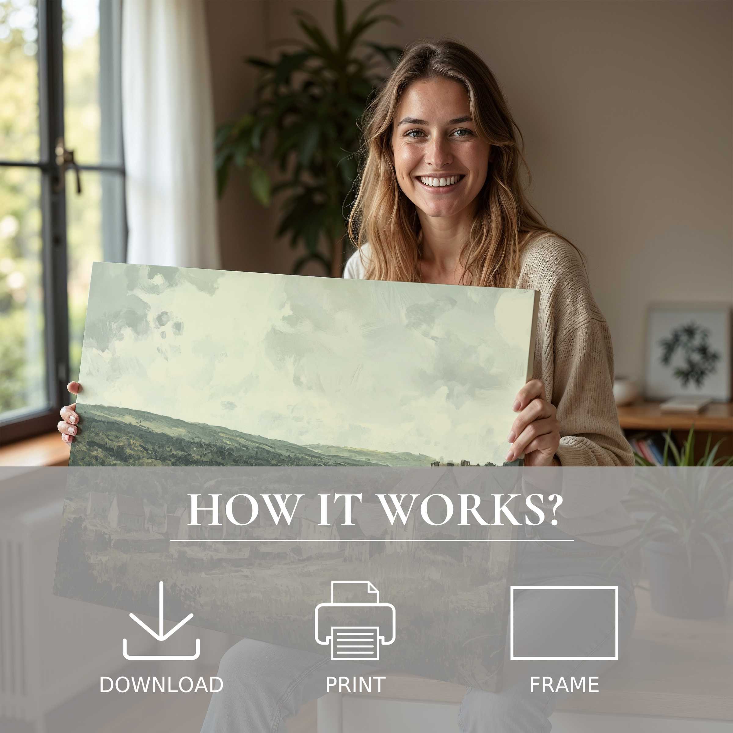Joyful woman embraces tranquility with a vintage digital art print, elevating her stylish home through effortless art living