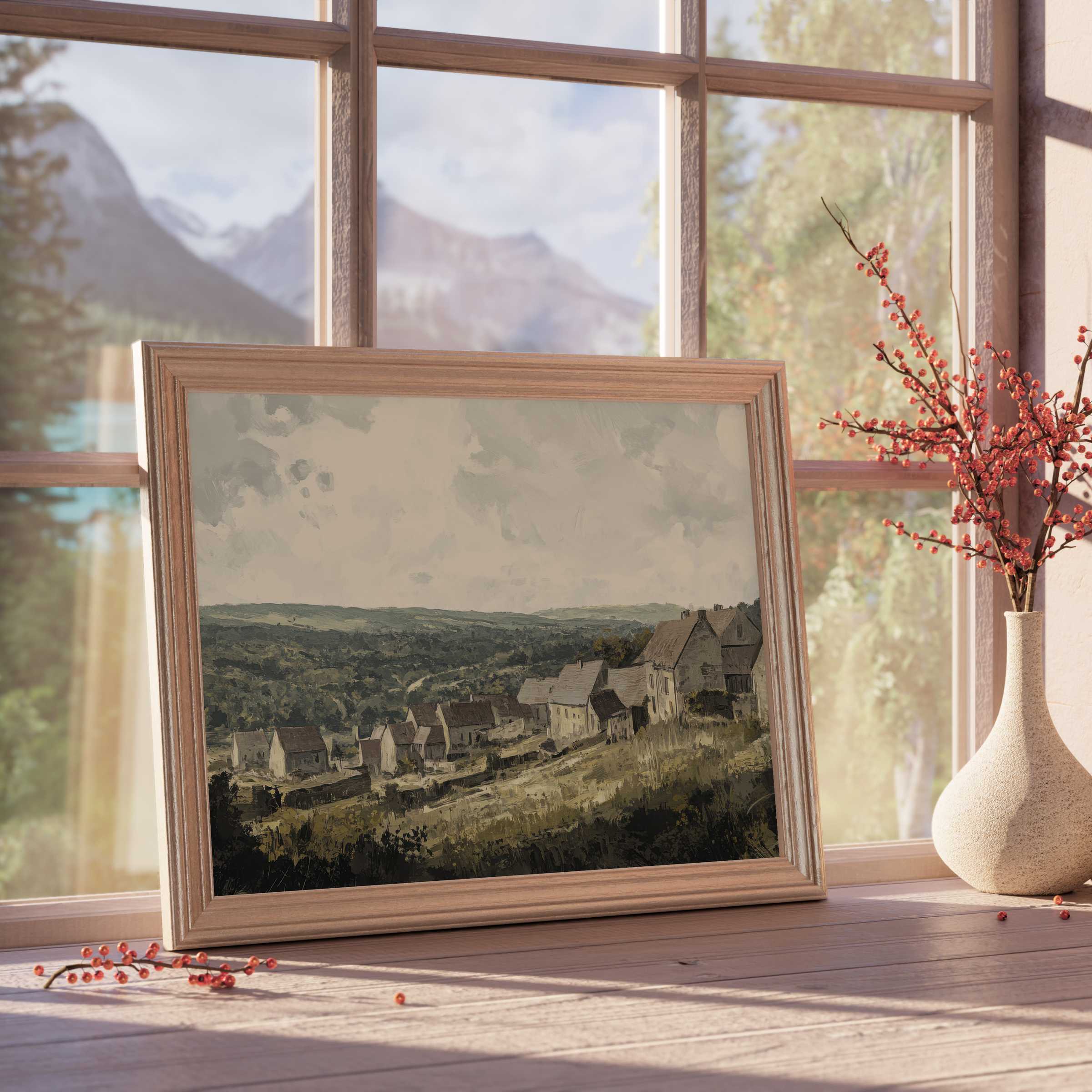 Vintage downloadable art capturing a serene countryside village scene in muted tones, enhancing tranquil, curated interiors