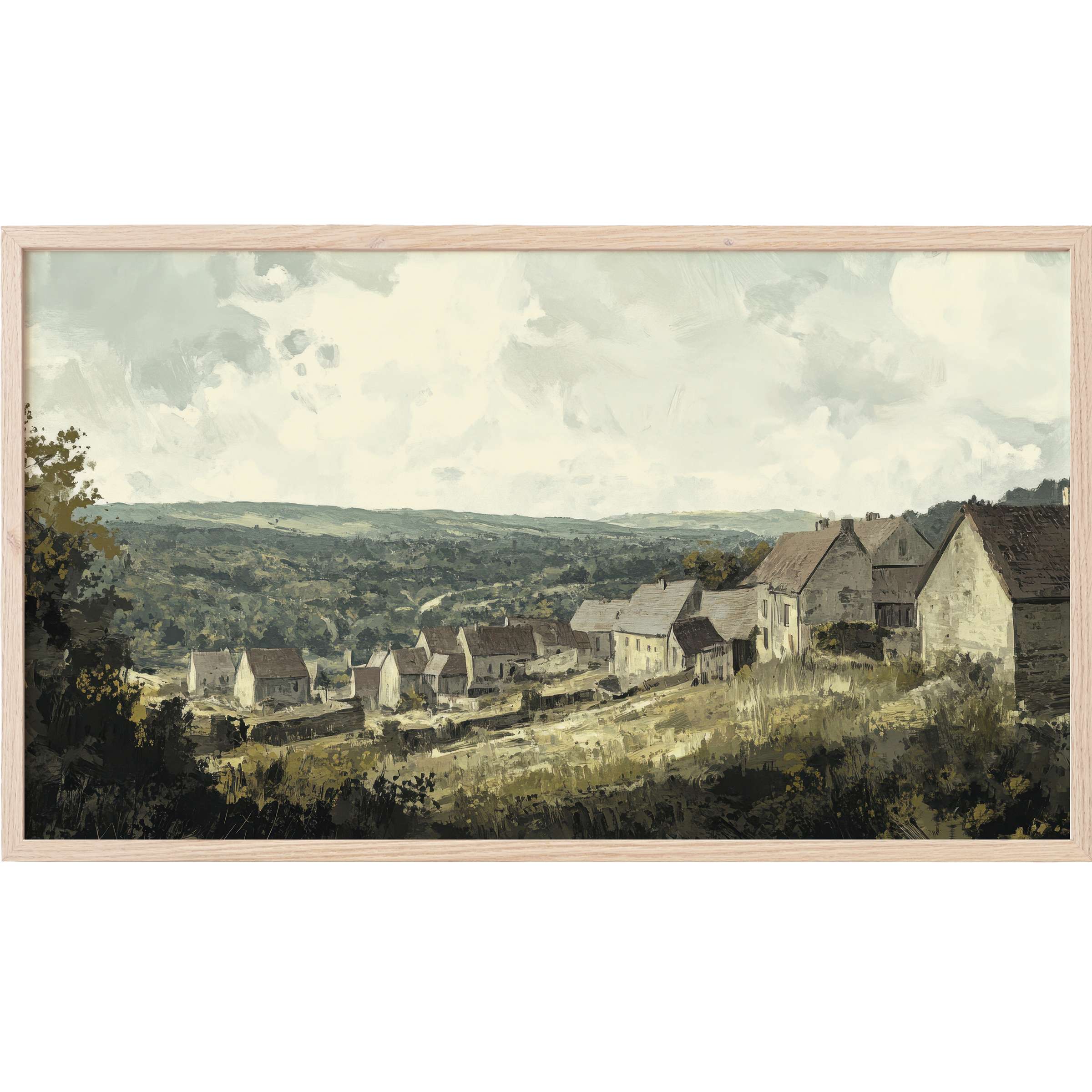 Serene countryside village in muted earth tones with soft brushstrokes, a timeless vintage Frame TV Art piece