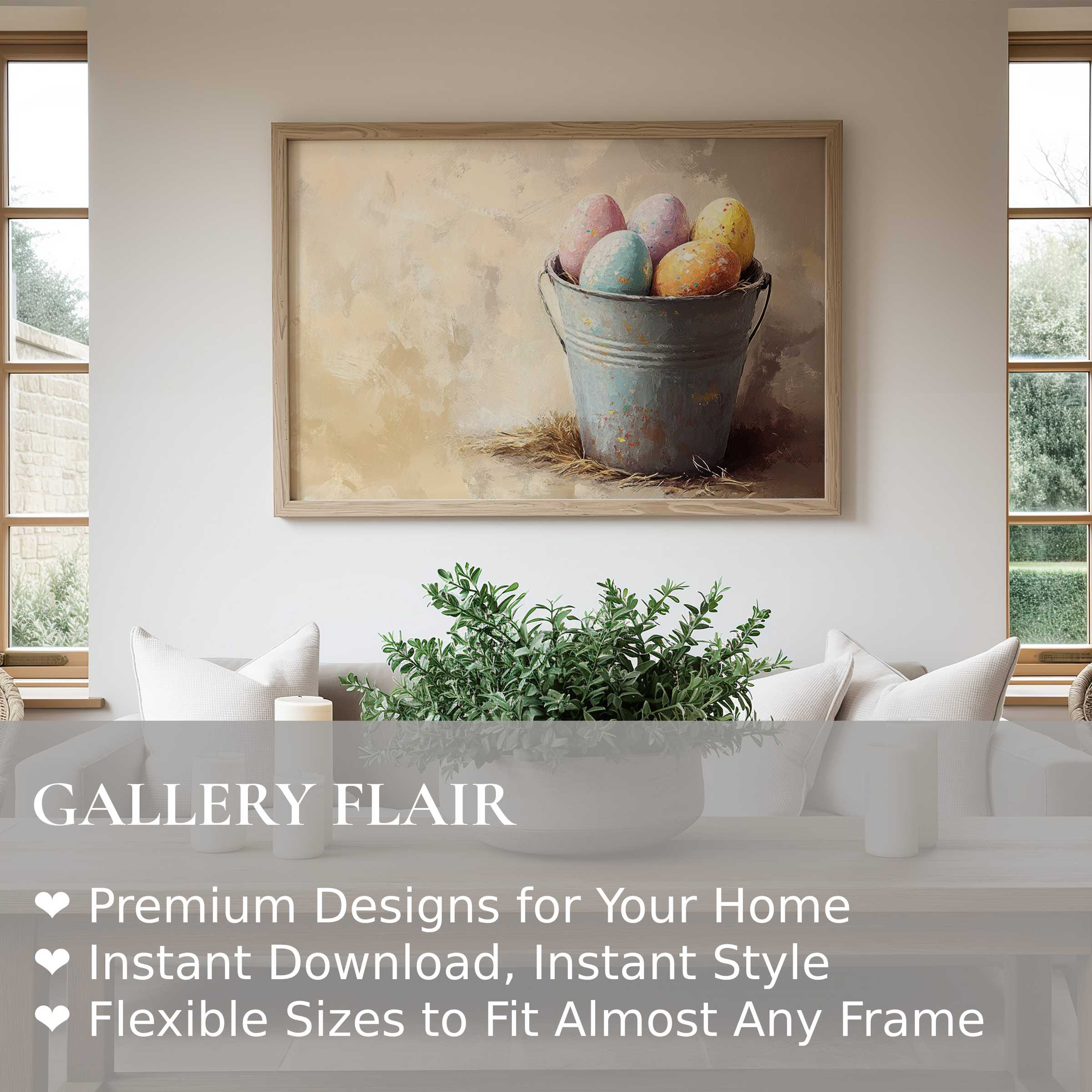 Easter wall art print featuring softly textured pastel eggs in a rustic bucket, adding radiant warmth to a modern farmhouse living room