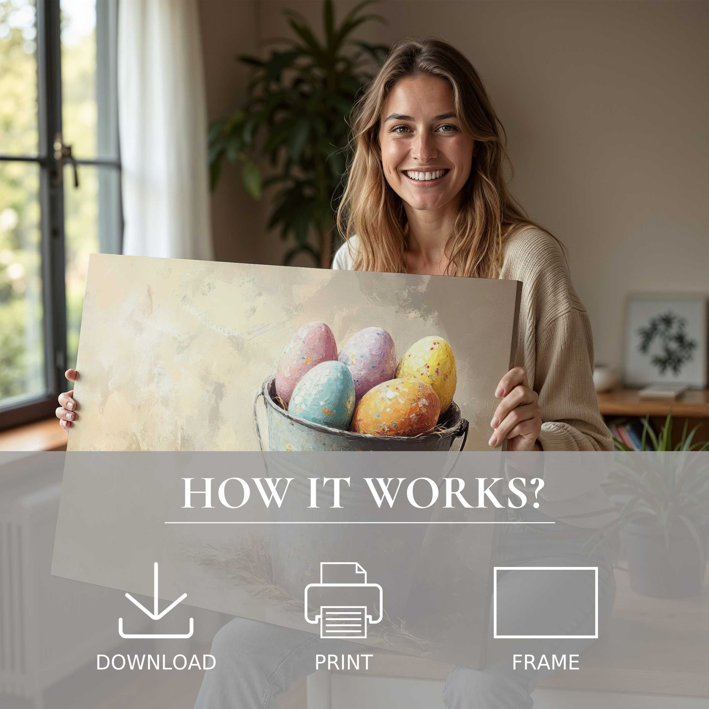 A joyful moment in a serene modern home, welcoming the warmth of Easter digital art print’s pastel elegance