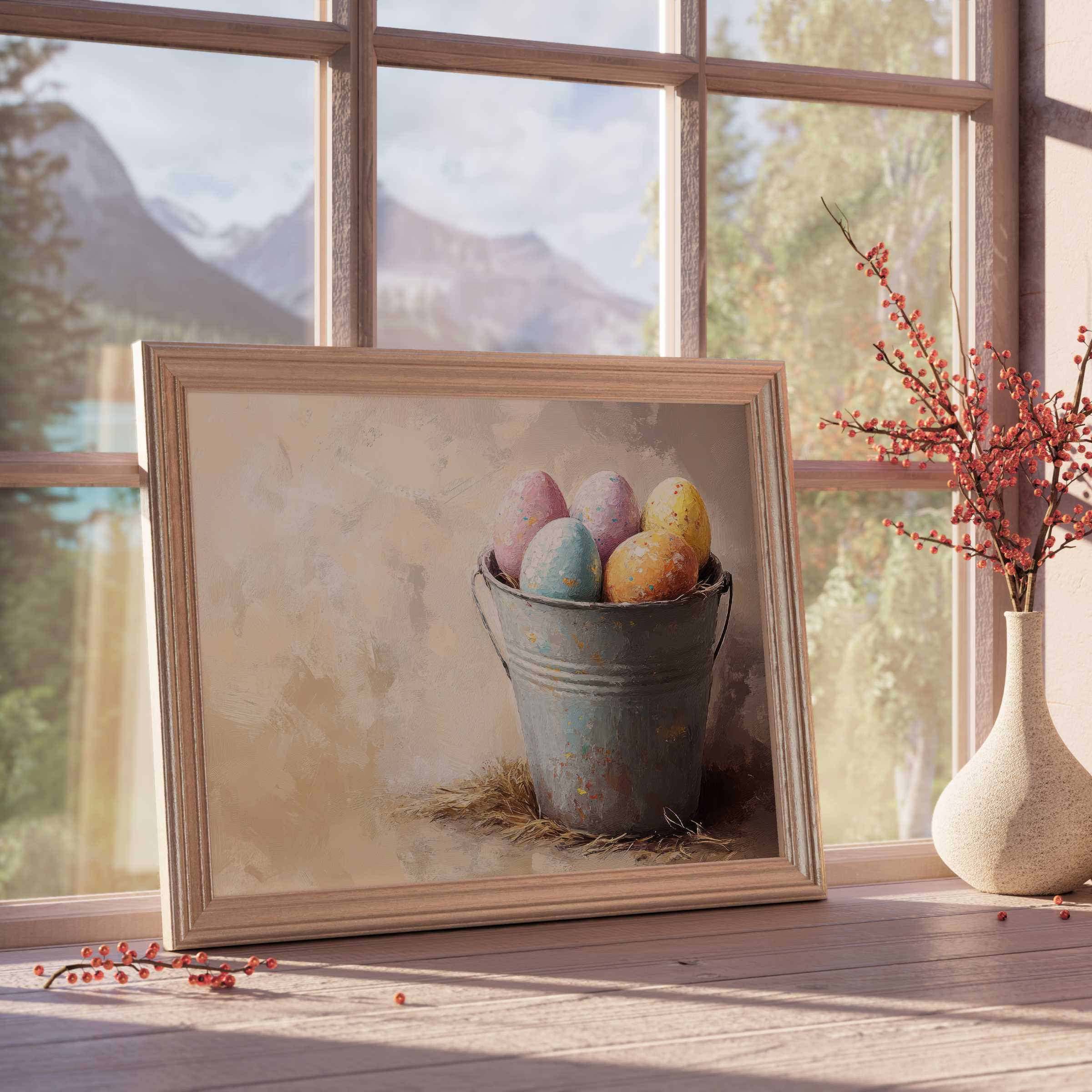 Easter downloadable art featuring softly speckled eggs in rustic bucket, evoking serene, curated elegance for stylish interiors