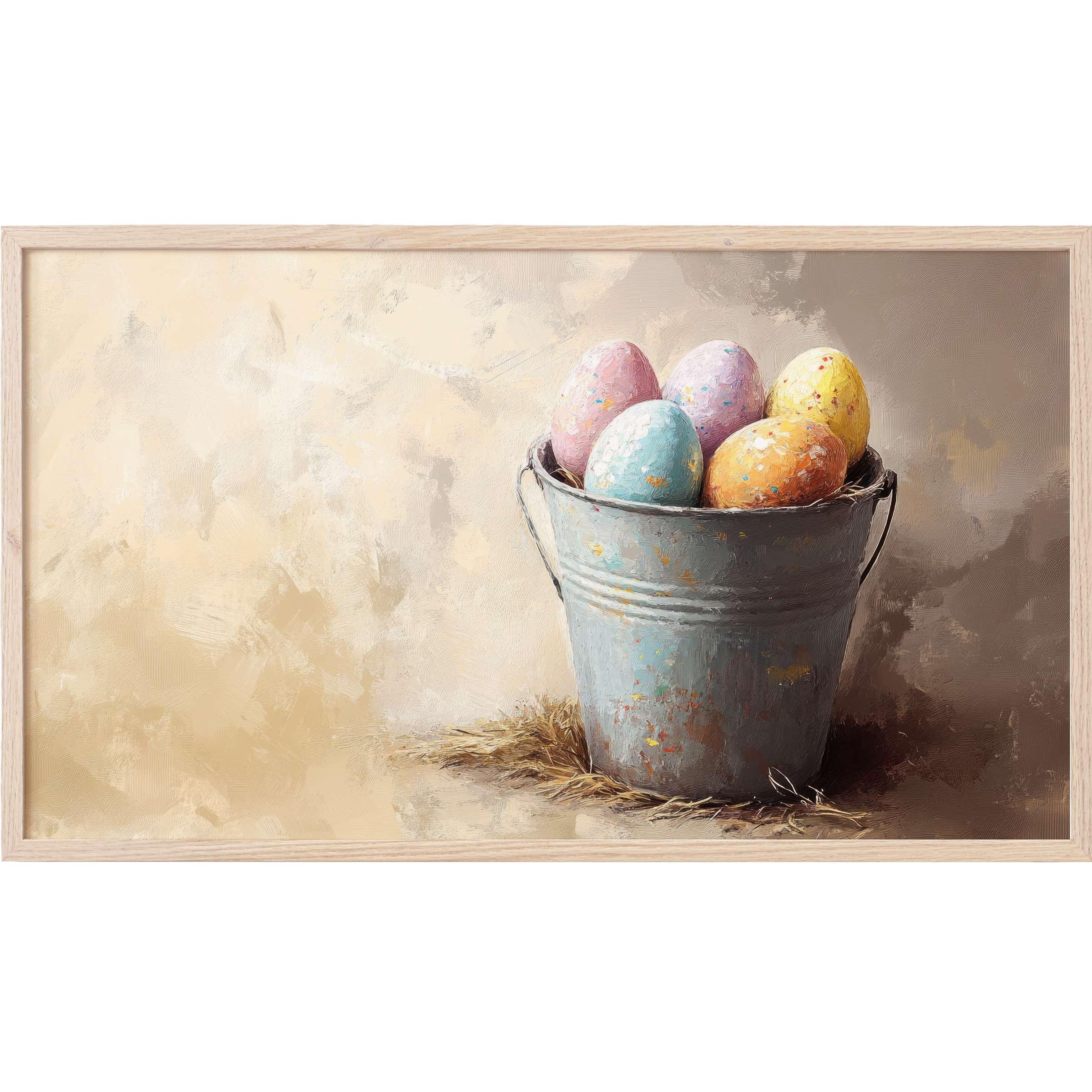 easter Frame TV Art with pastel eggs in rustic metal bucket, soft textured brushstrokes, warm muted tones
