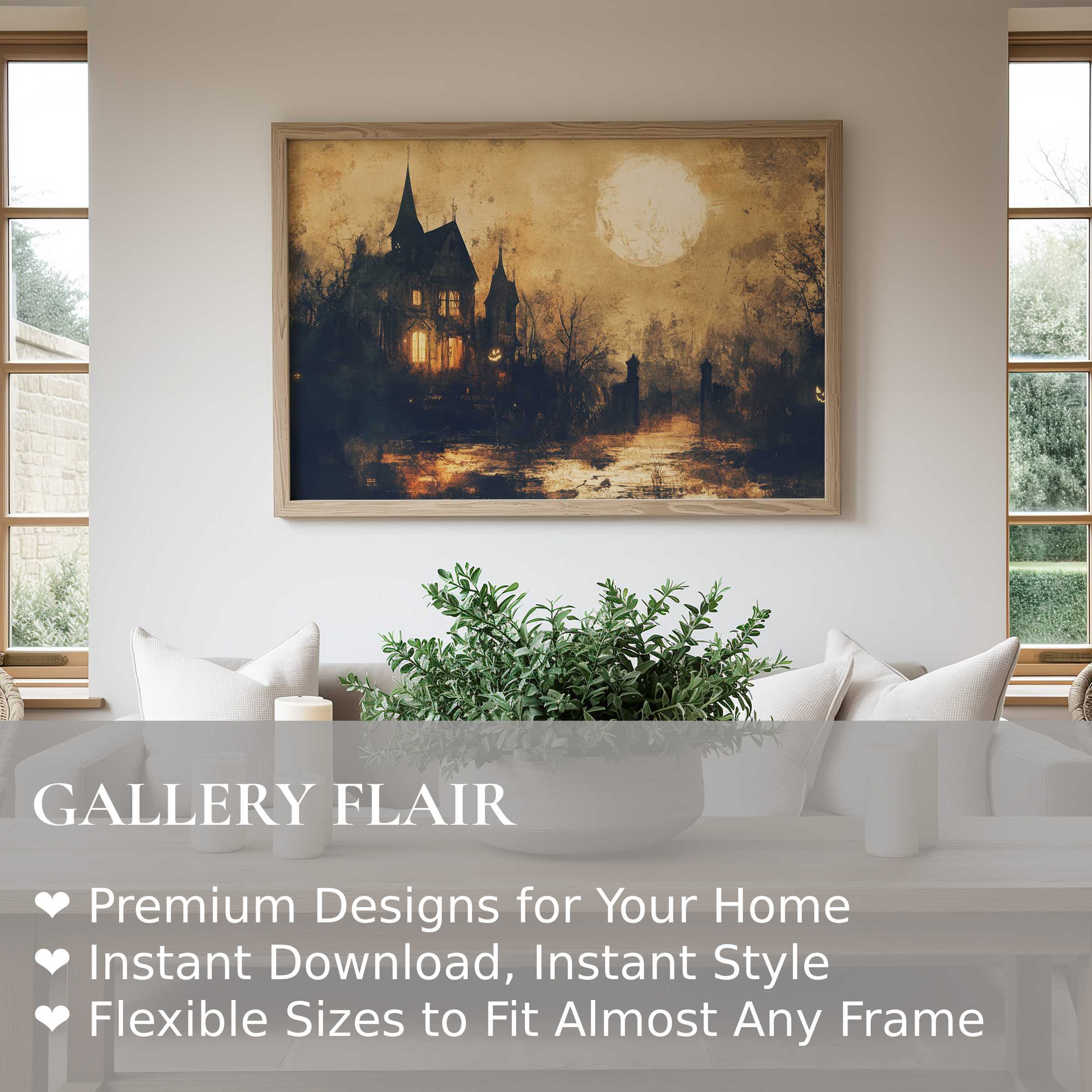 Hauntingly elegant Halloween wall art print with moonlit gothic manor, enhancing modern minimalist interiors with bold, atmospheric allure