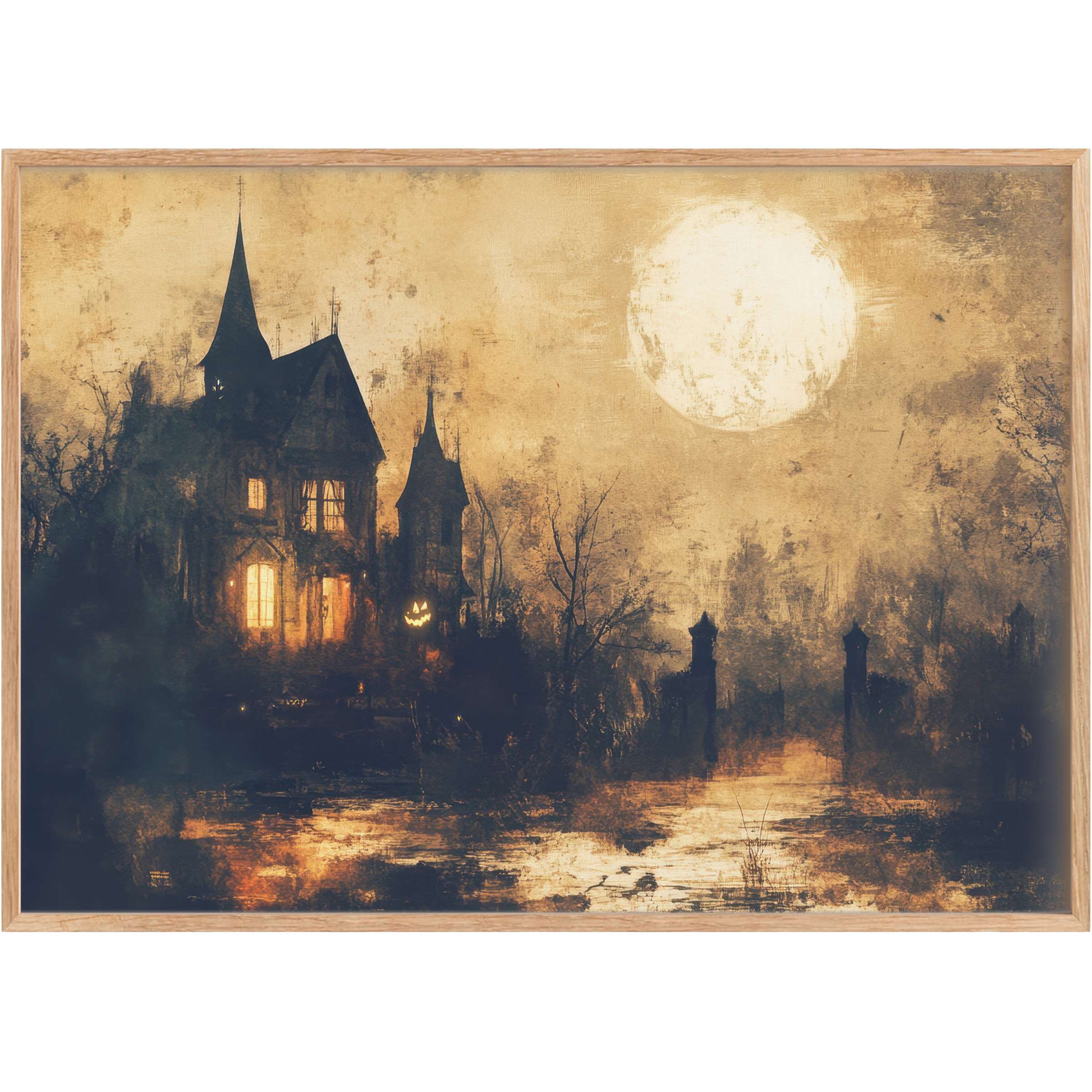Hauntingly elegant halloween printable wall art featuring a moonlit gothic manor bathed in warm amber glow, evoking mysterious autumn nights