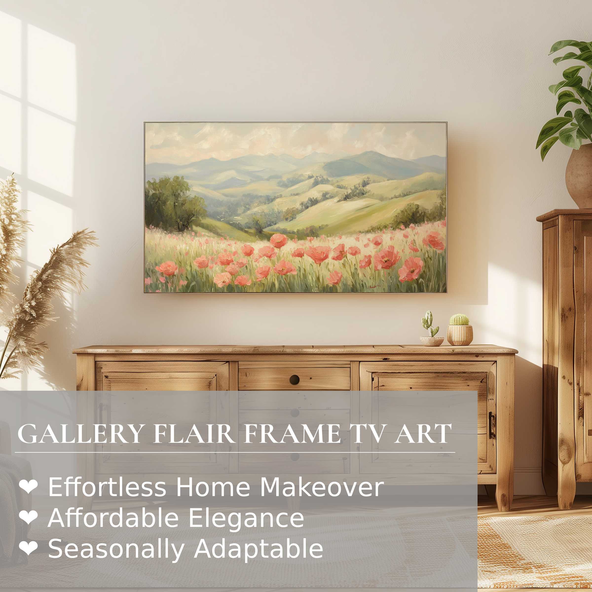 Samsung Frame TV shows spring digital artwork of soft landscape with poppies, enhancing modern, elegant home décor