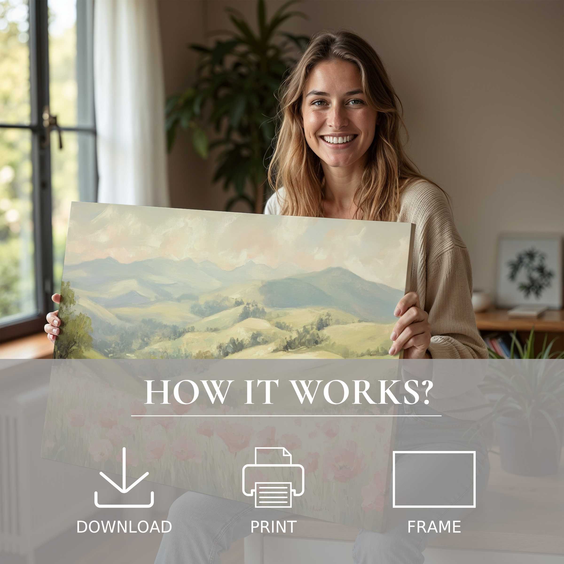 Woman joyfully embraces a serene spring digital art print in a stylish home, embodying art’s effortless beauty and connection