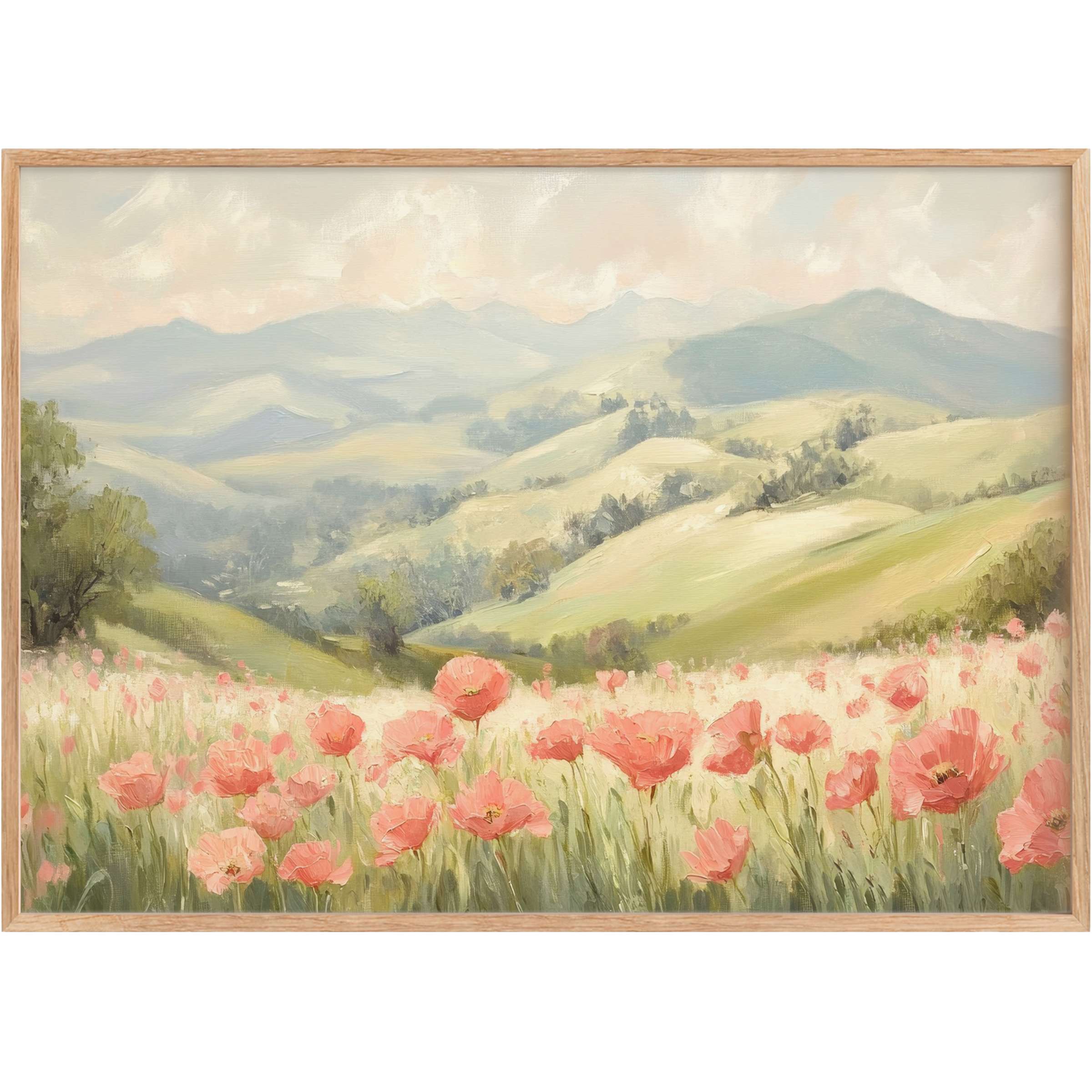 Serene spring printable wall art with soft pink blooms and misty green hills evokes a tranquil, radiant ambiance