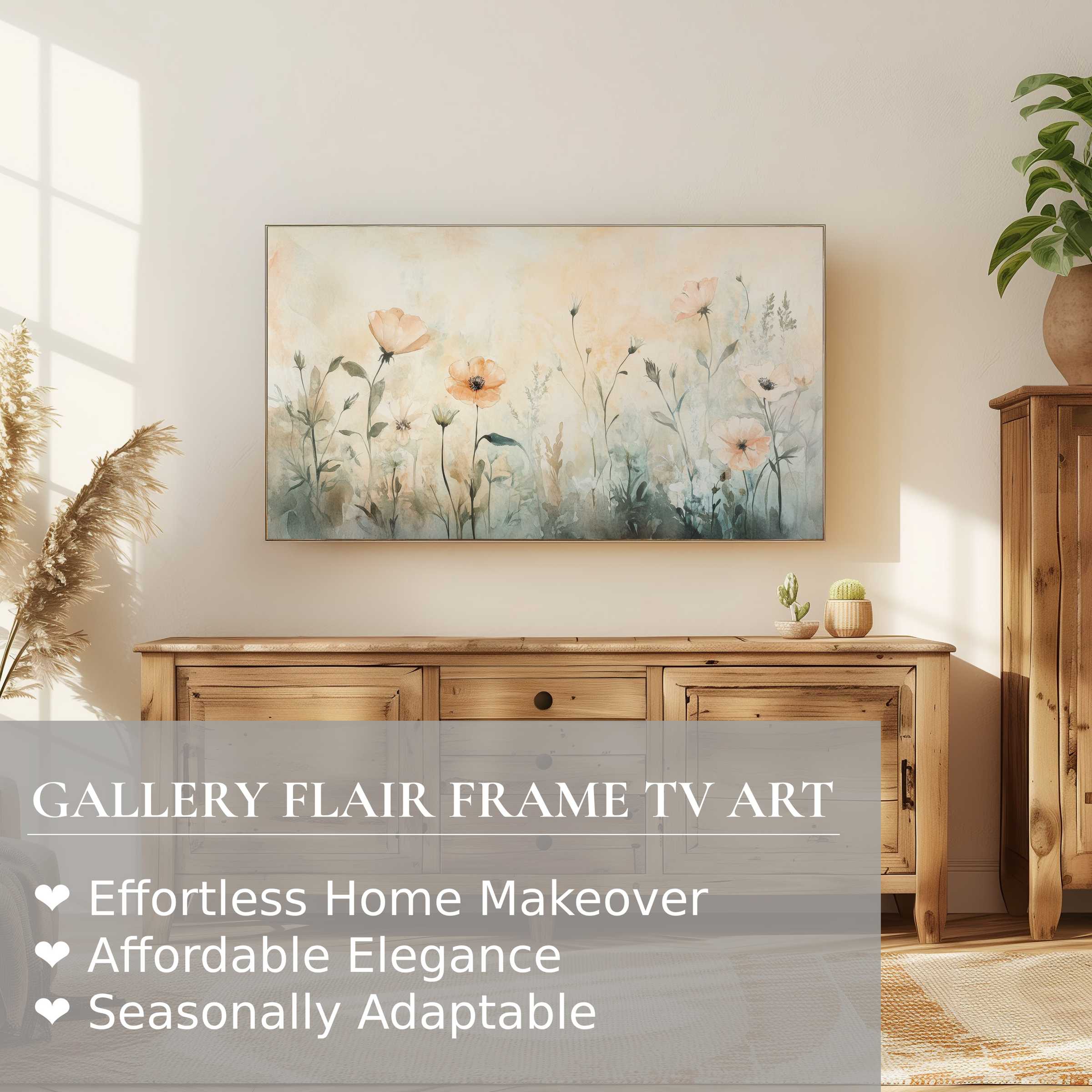Samsung Frame TV displaying elegant floral digital artwork in a sunlit, modern rustic living space