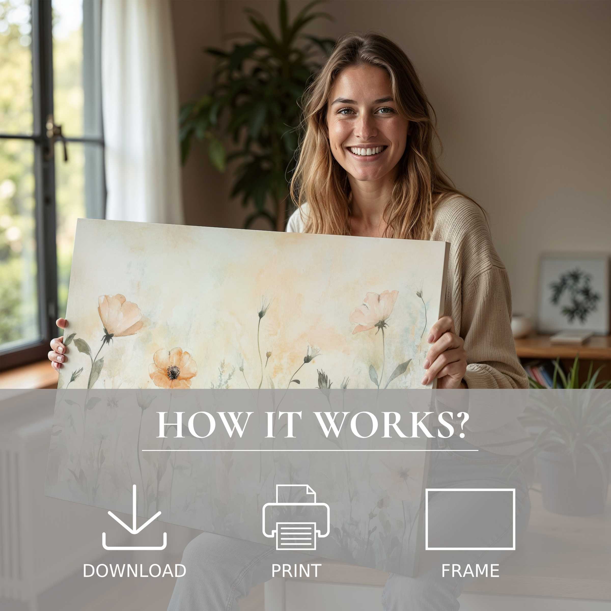 Joy radiates in a serene moment as soft-toned floral digital art print brings effortless elegance to modern living spaces