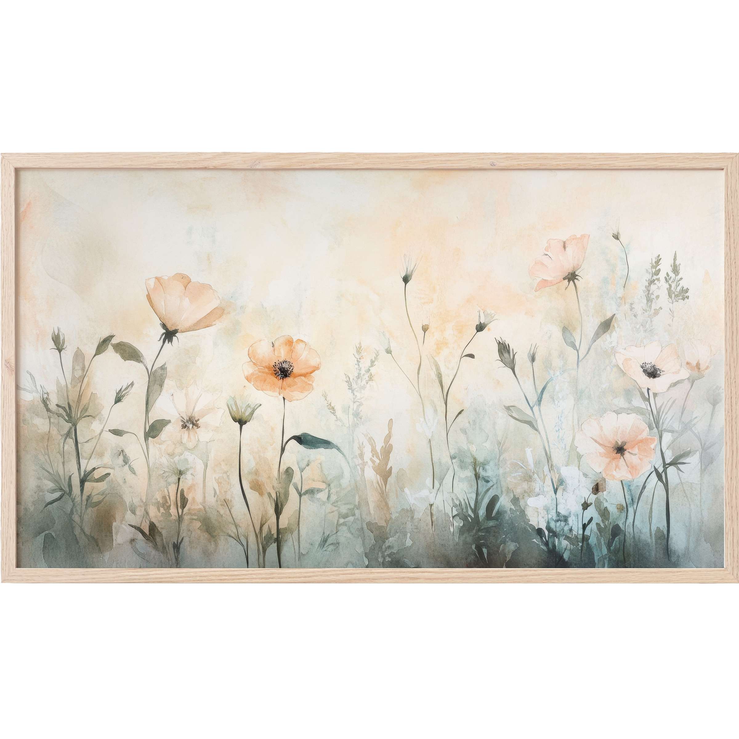 Floral Frame TV Art with delicate peach blossoms and soft muted greens in an airy, watercolor-inspired style