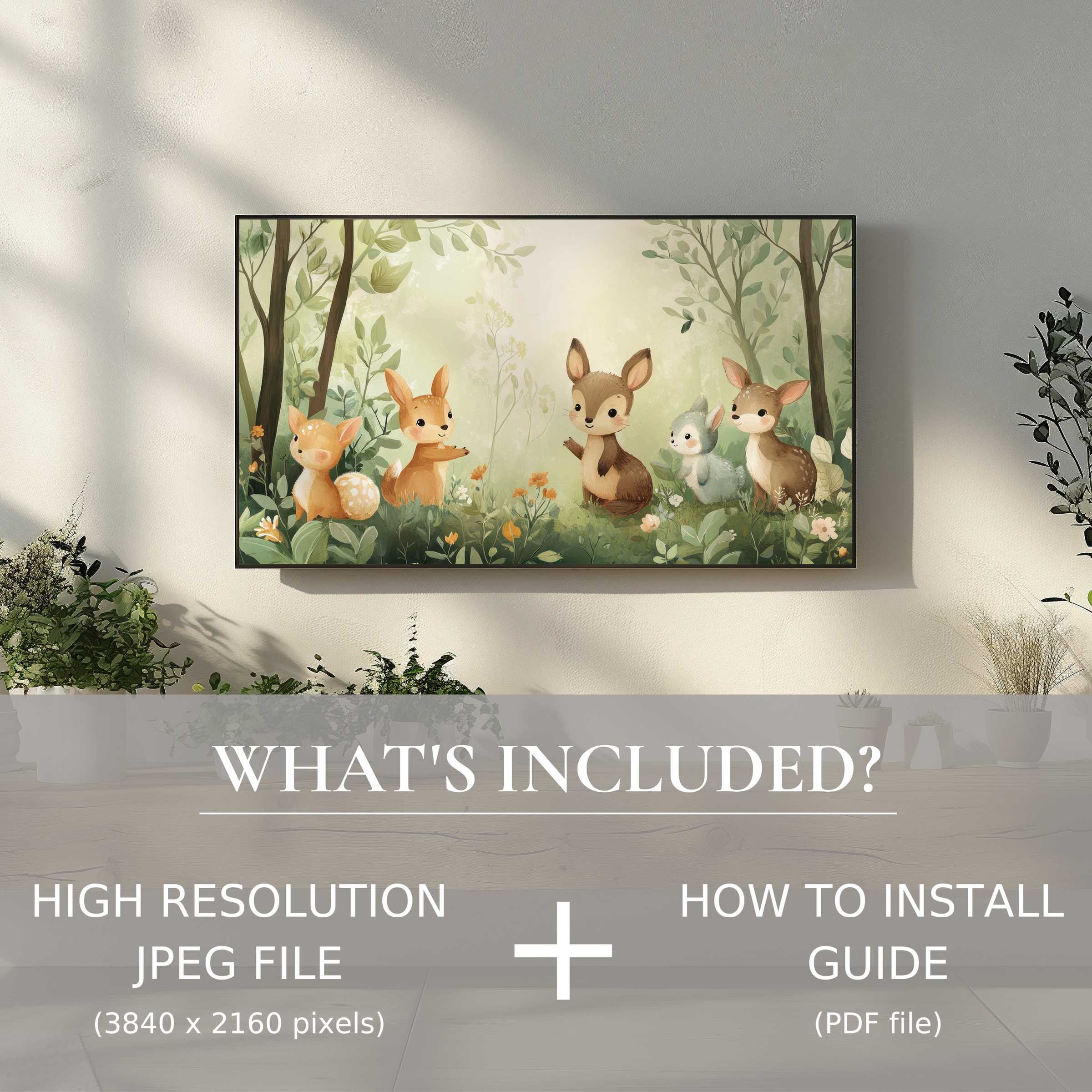 Elegant nursery digital TV art download featuring woodland creatures, enhancing spaces with easy digital use and charm