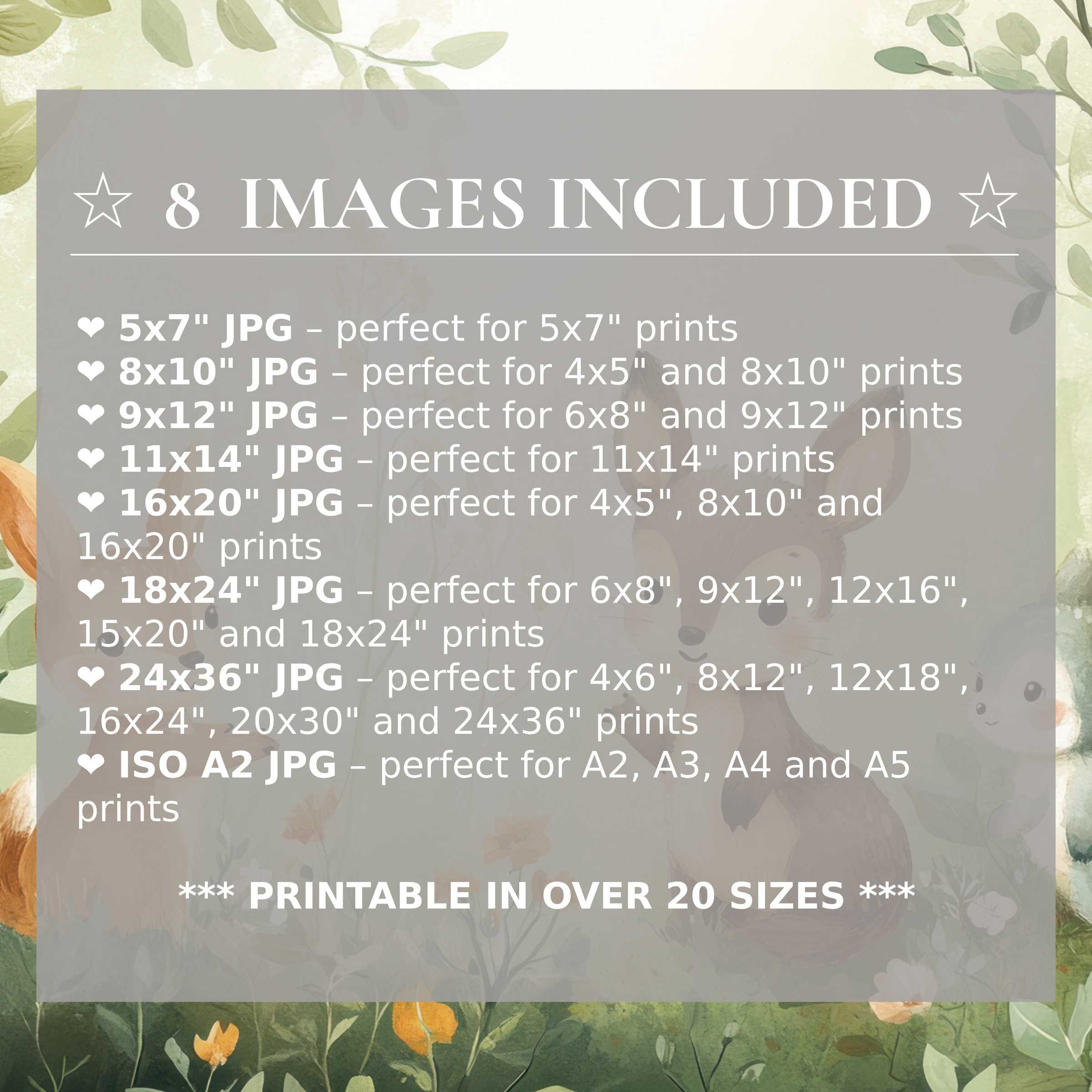 Nursery digital print in soothing earth tones with soft greens and warm oranges, delivering radiant calm and style, includes 8 high-quality sizes to effortlessly elevate modern nurseries with flexible sophistication