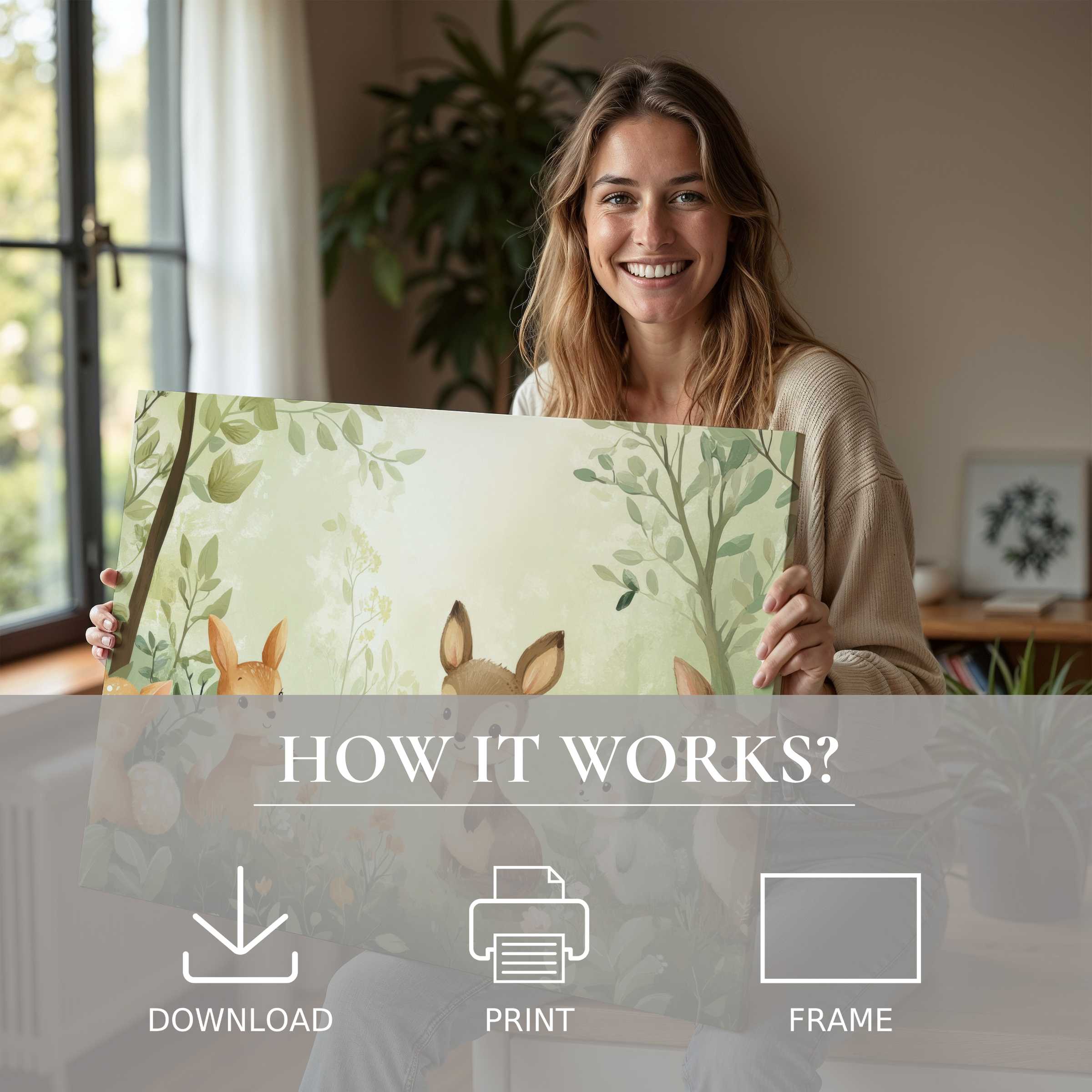 Bright and joyful moment capturing nursery digital art print’s gentle woodland charm, enhancing serene modern interiors