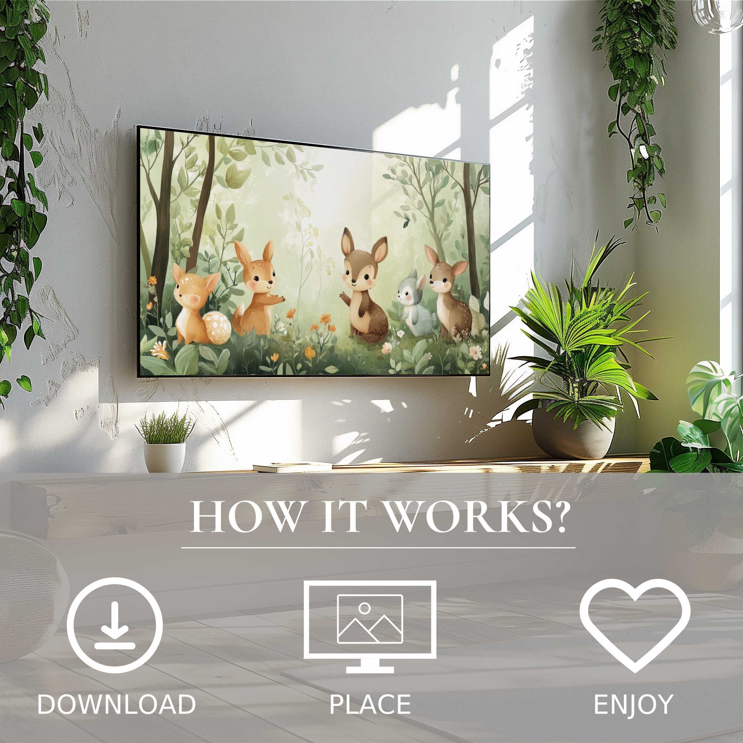 Nursery art for Samsung TV showing soft woodland animals in green tones, easy digital download enriching any modern space