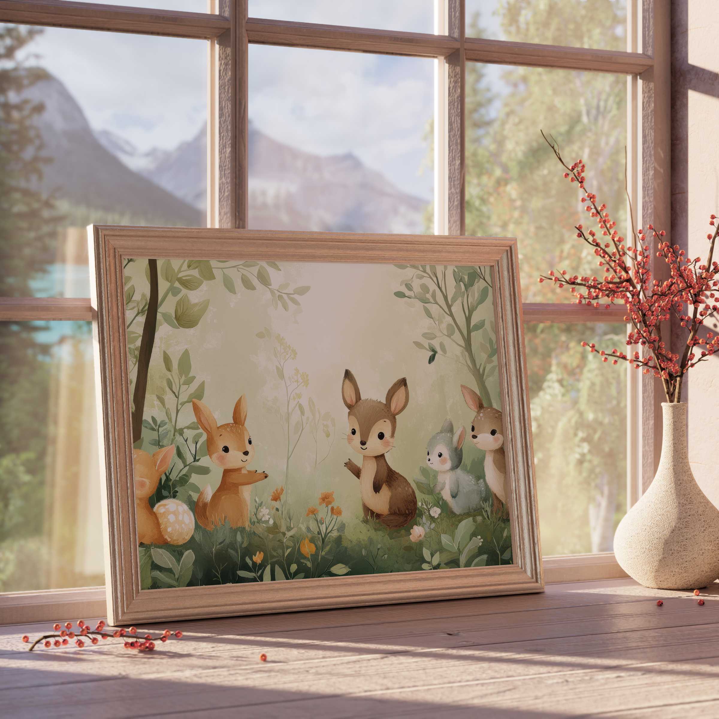 Whimsical nursery downloadable art featuring charming forest animals, enhancing serene, curated kids’ rooms with warm, natural elegance