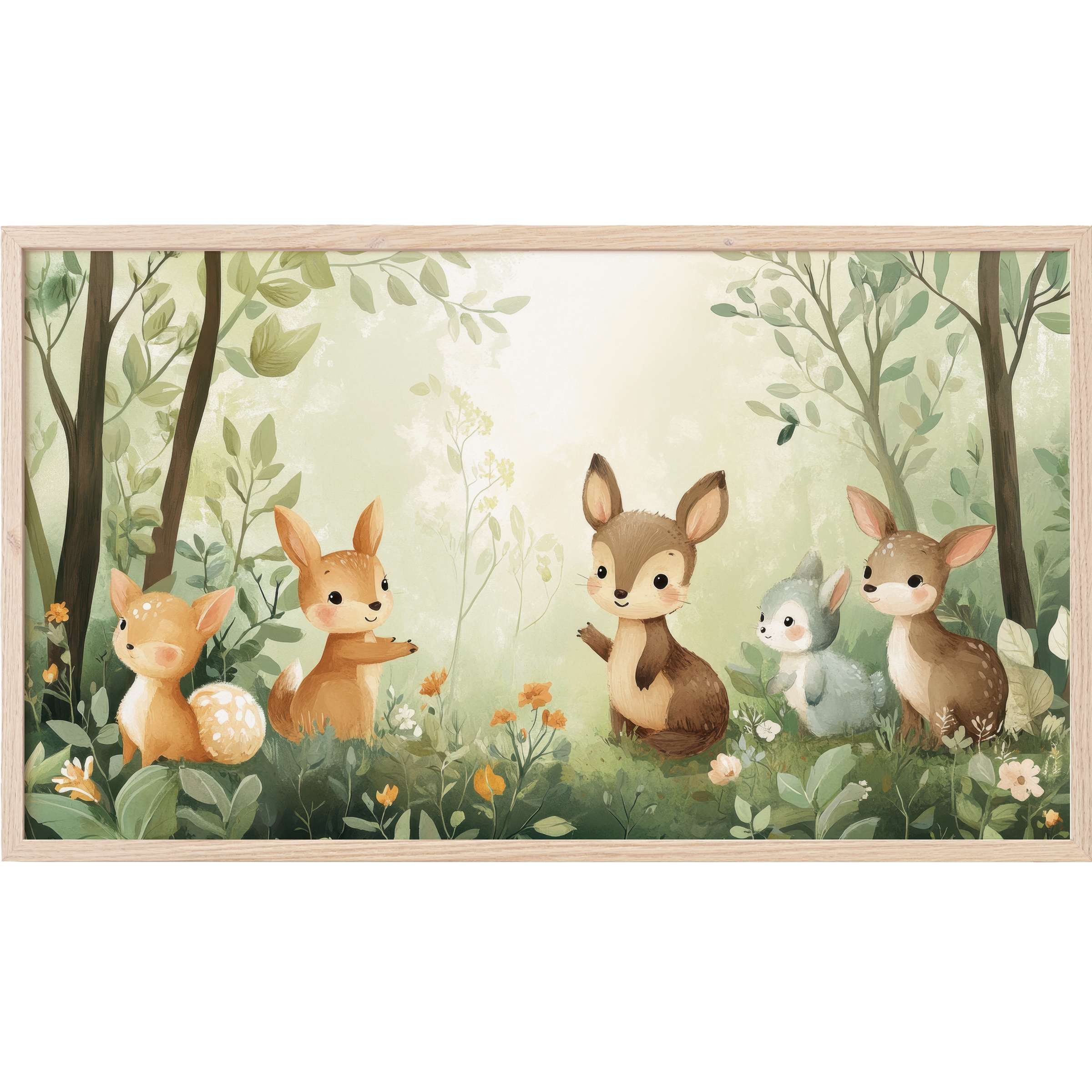 Charming woodland creatures in soft greens and browns with delicate florals, elegant nursery Frame TV Art
